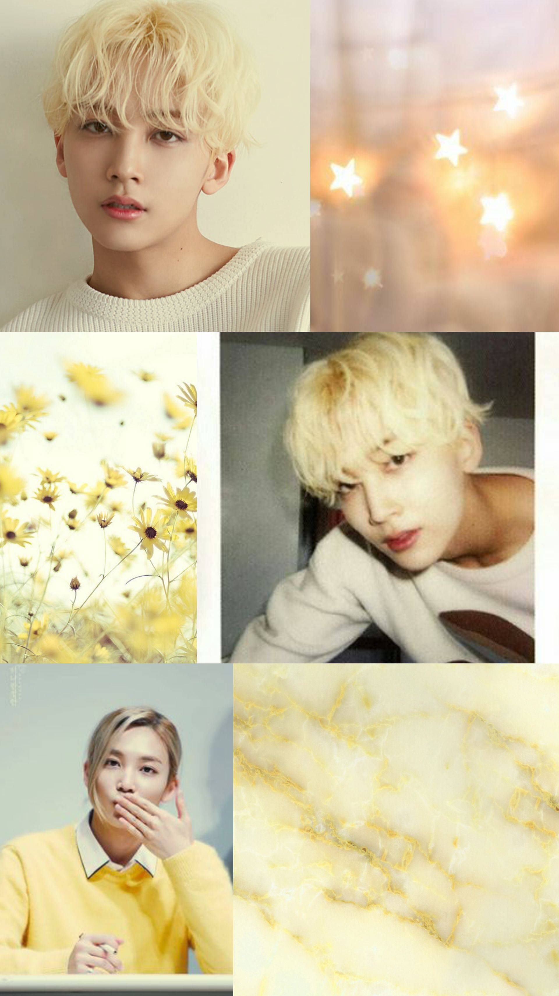 Yoon Jeonghan 黃色拼貼 壁紙 — 柔和燈光下金髮年輕男子與黃色花卉及閃爍星形散景的拼貼畫。