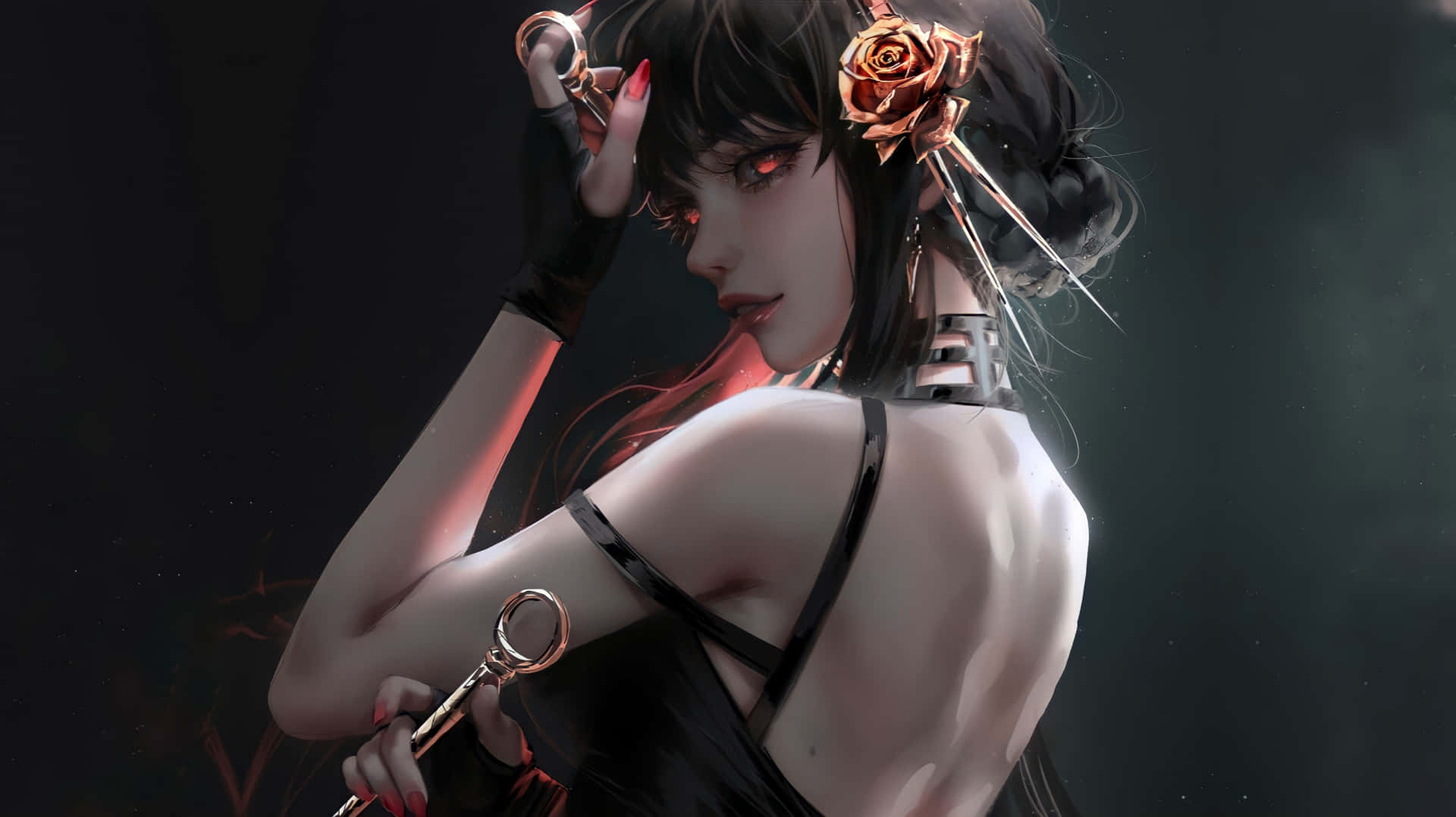 紅眼動漫女性在深色背景前拿著鑰匙和玫瑰。
