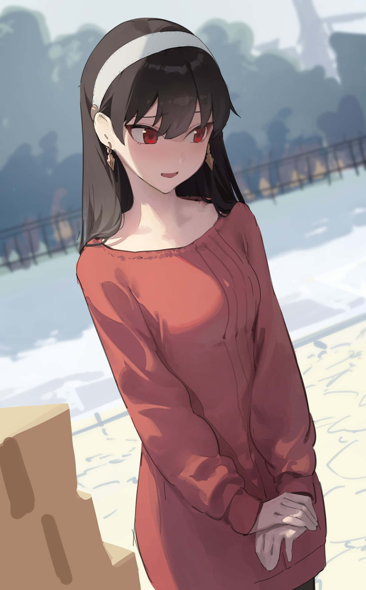 紅眼白頭帶的動漫女孩在陽光明媚的日子裡站在水邊。
