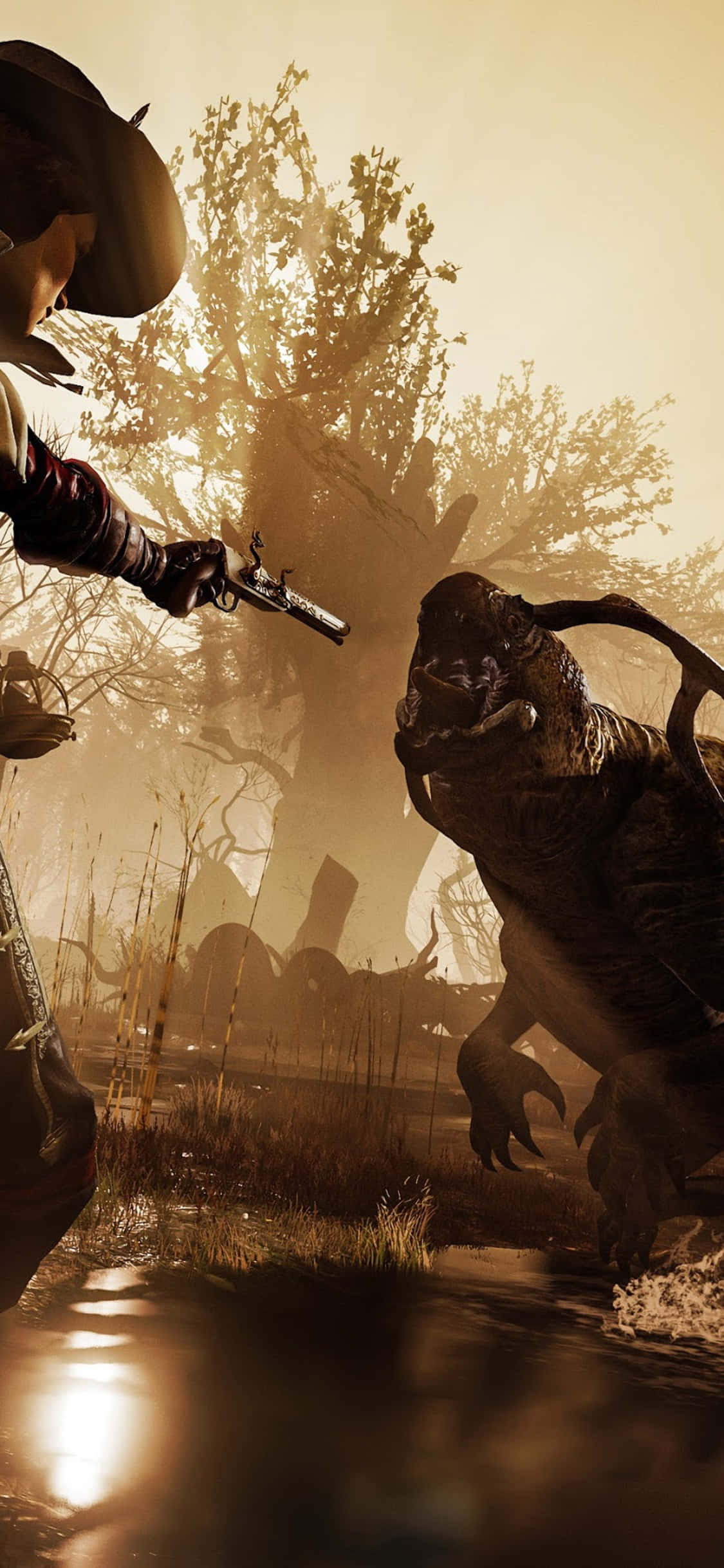 Yorglan iPhone X《Greedfall》背景 壁紙 — 一個戴寬邊帽的牛仔在霧氣瀰漫的沼澤中，於黃金時刻用一把手槍瞄準一隻咆哮的恐龍。