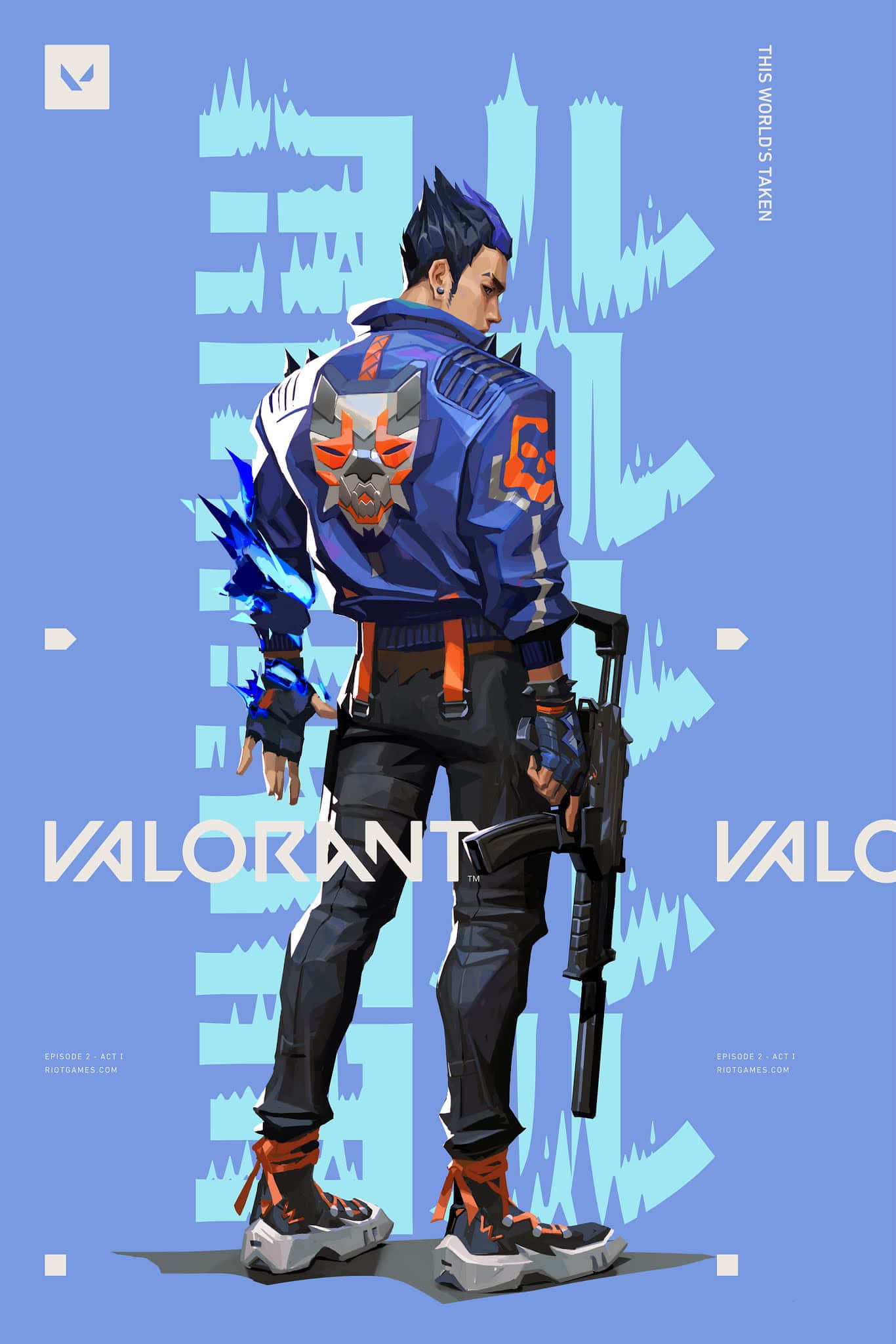 Yoru 劇情動作場景 — Pixel 3XL《Valorant》遊戲背景 壁紙 — 一名 Valorant 特工側面站立，背景為帶有發光能量效果和遊戲品牌的風格化藍色背景。