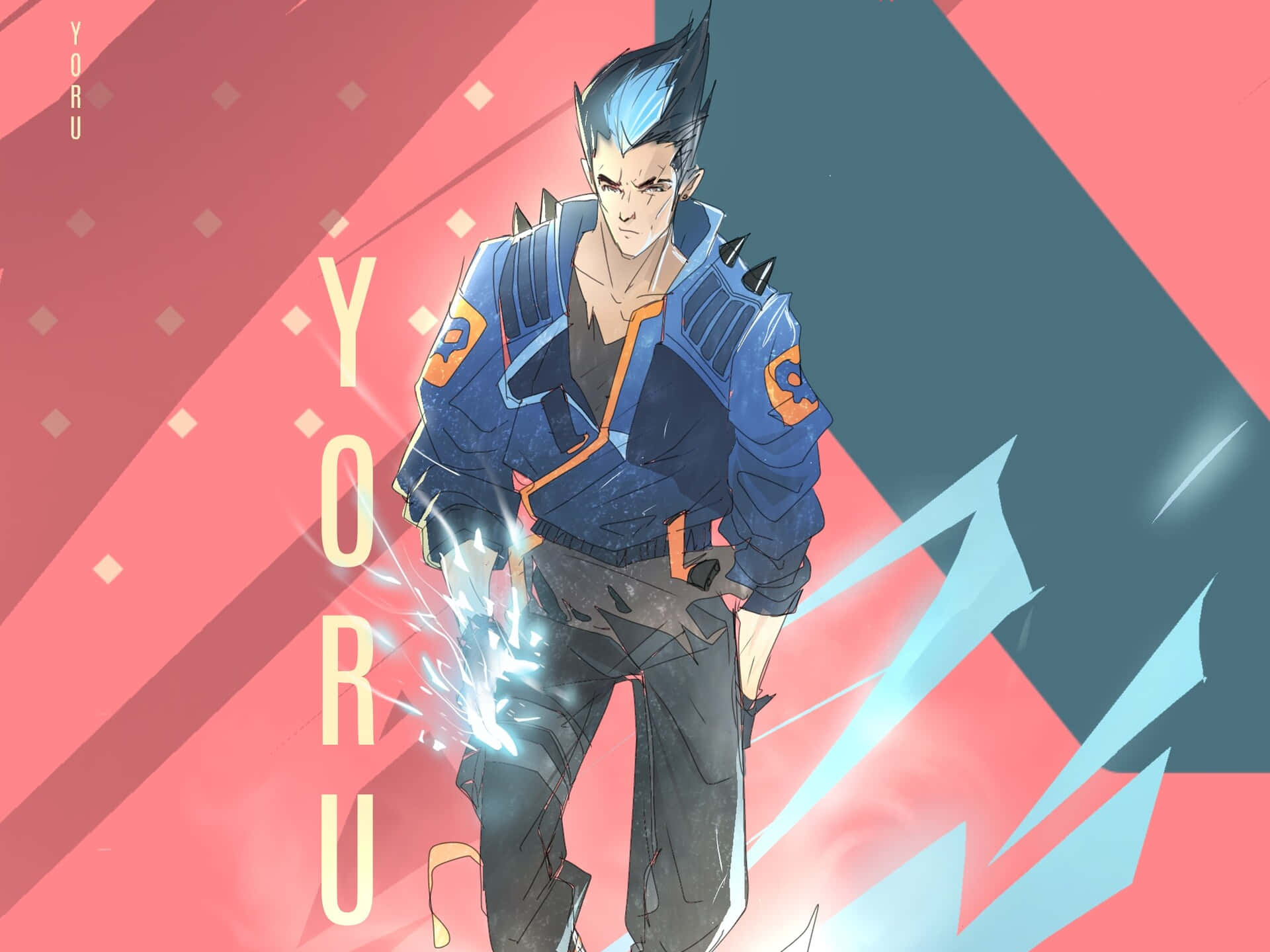 動漫角色 Yoru 擁有發光的手和尖刺的藍色頭髮，背景為紅色和藍綠色。