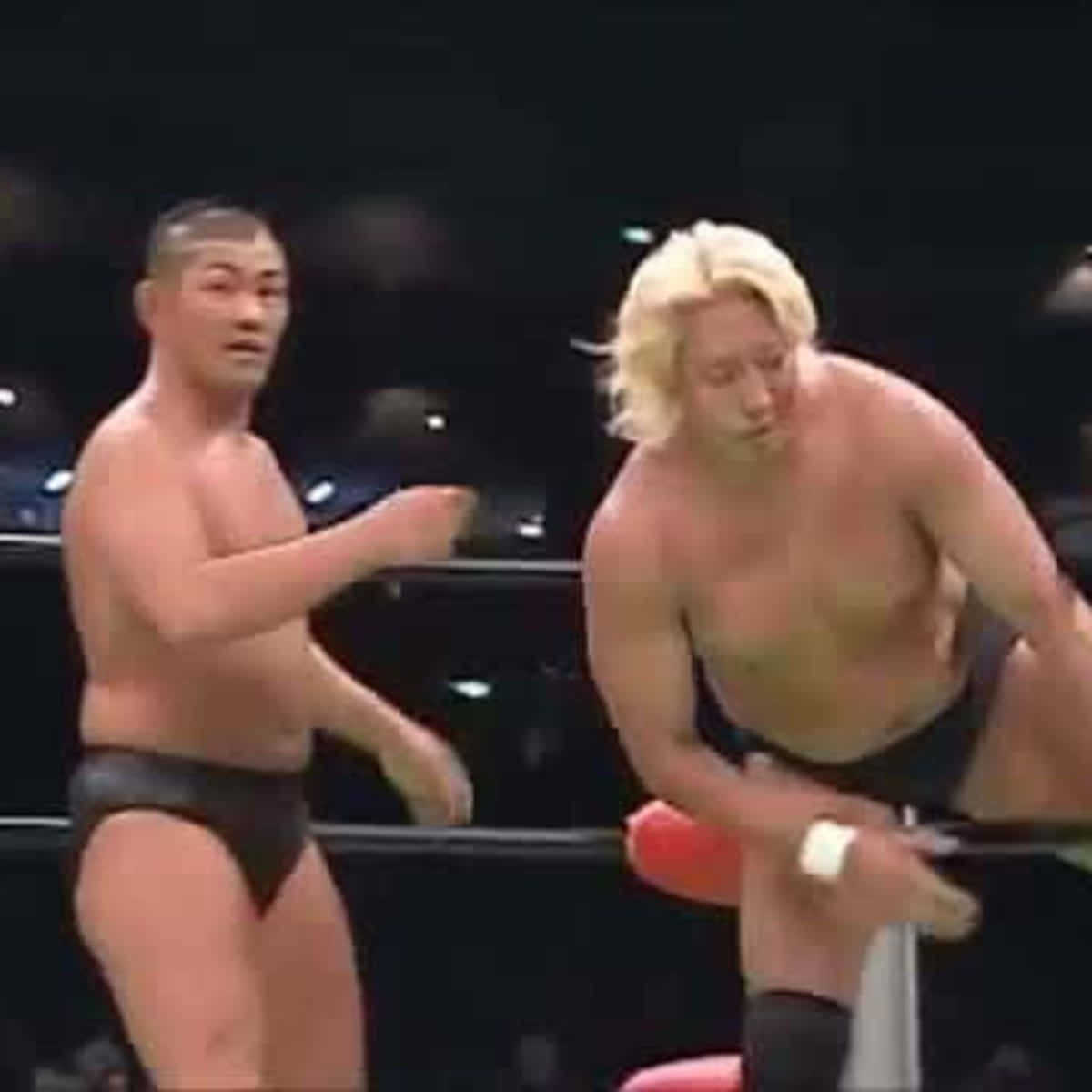 Yoshihiro Takayama 與 Minoru Suzuki 壁紙 — 兩名肌肉發達的摔角手在擂台上，一名金髮向前傾，另一名則準備戰鬥。