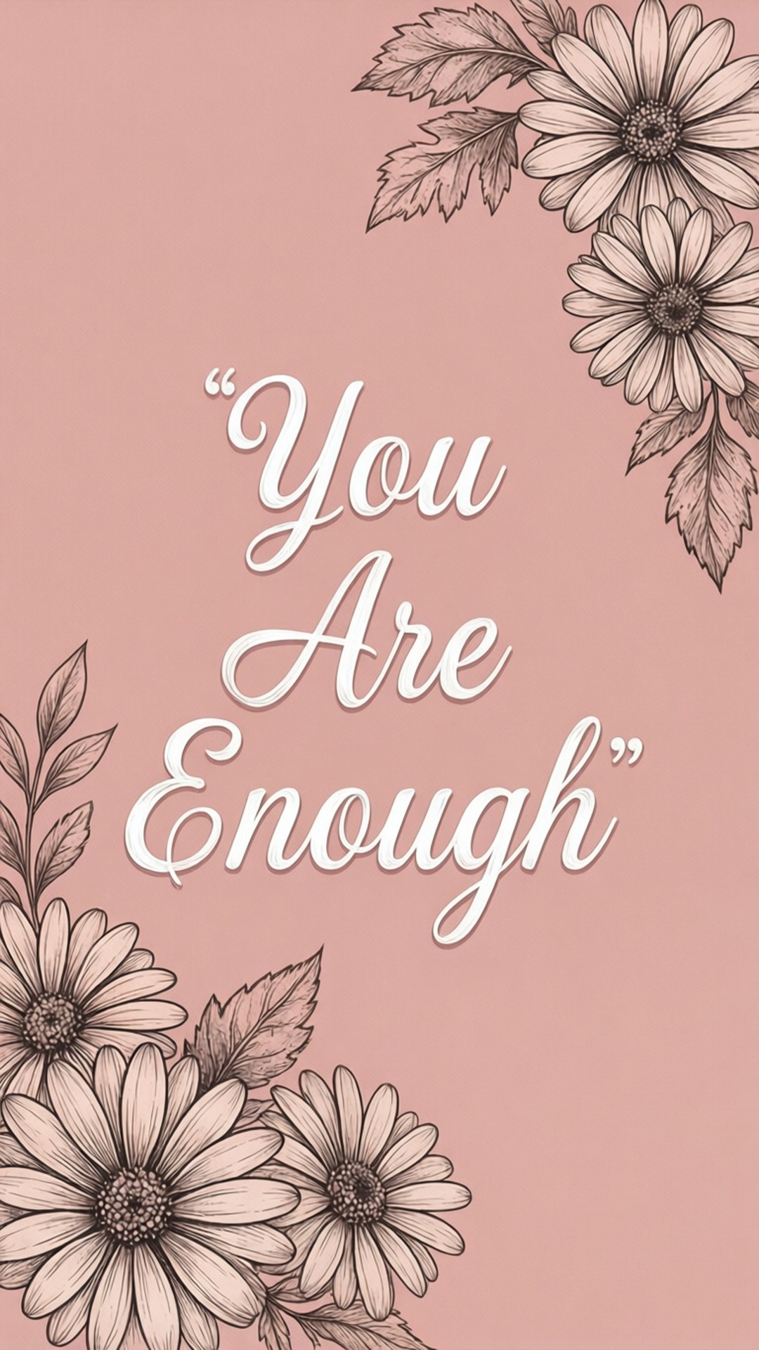 勵志名言「You Are Enough」以手繪雛菊圍繞在粉紅色背景上