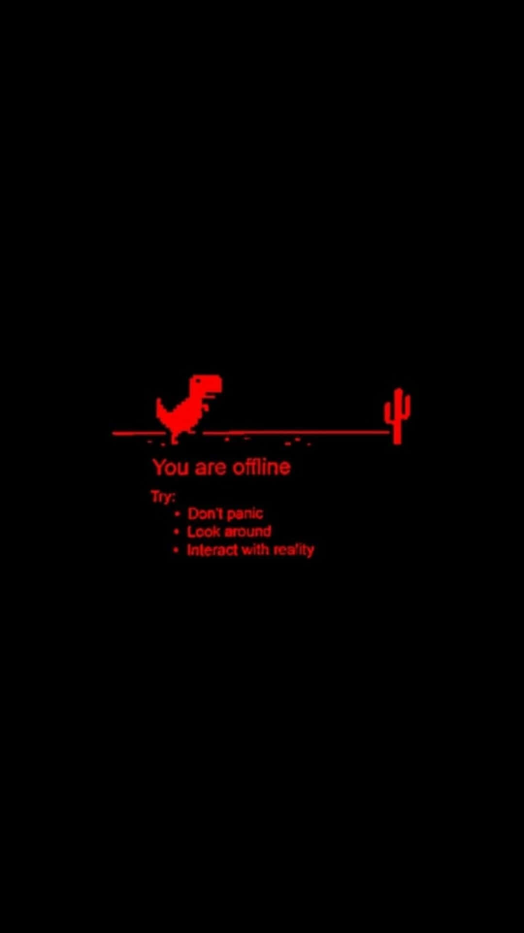 黑色背景「You Are Offline」 壁紙 — 黑色背景上帶有「你已離線」文字的簡約紅色像素恐龍和仙人掌。