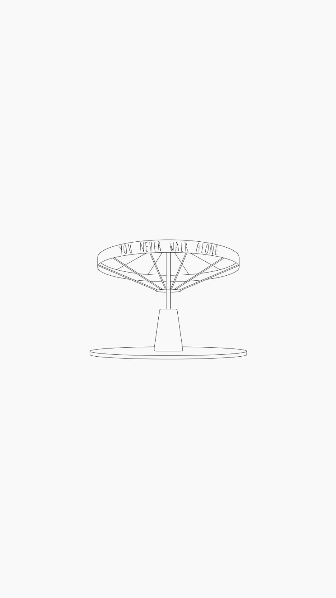 「You Never Walk Alone」純白極簡風格 壁紙 — you never walk alone 字句刻在篷頂上的旋轉木馬極簡線條畫。