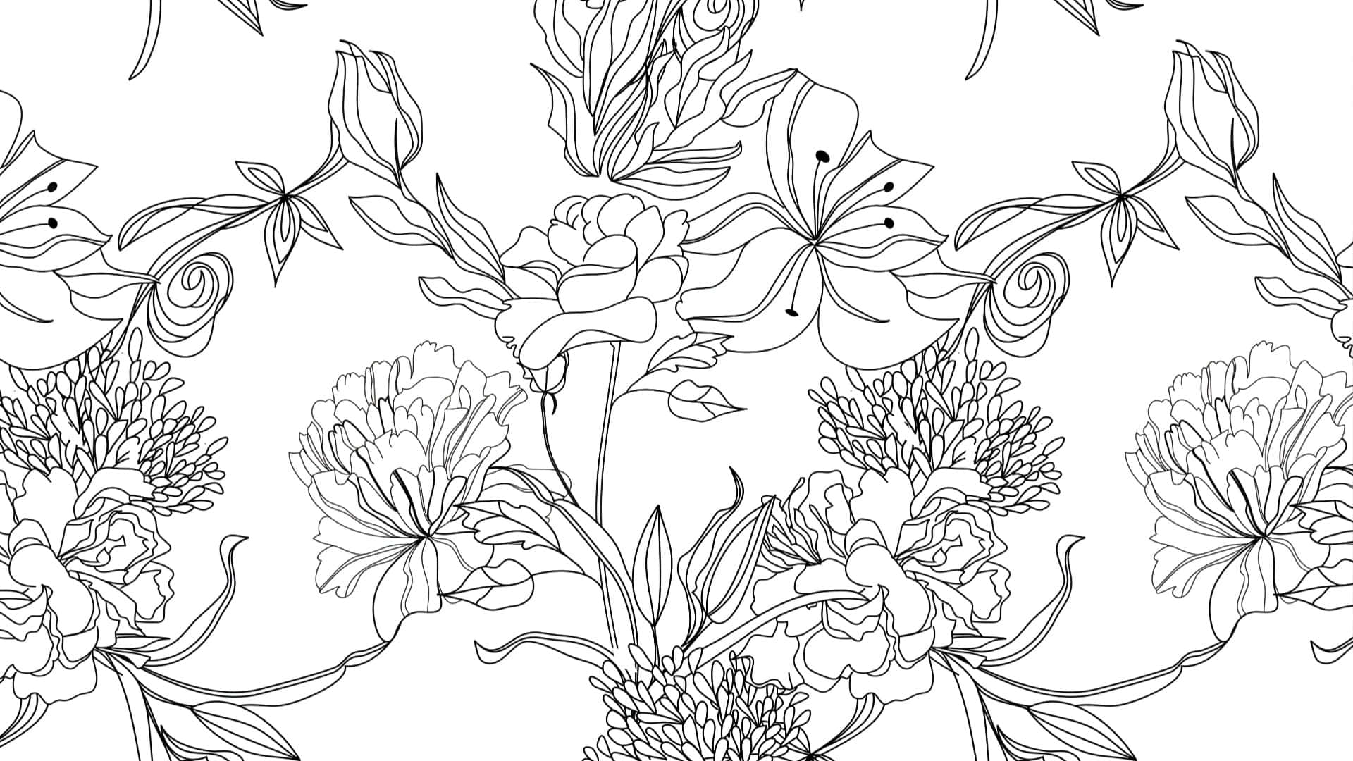  壁紙 — 優雅的黑白線條藝術，描繪盛開的花朵和纏繞的藤蔓，形成無縫重複圖案。