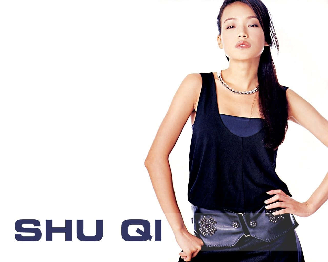 Shu Qi 桌布 壁紙 — 一位優雅的長髮深色女性，身穿黑色無袖上衣和裝飾腰帶，站在純白背景前。