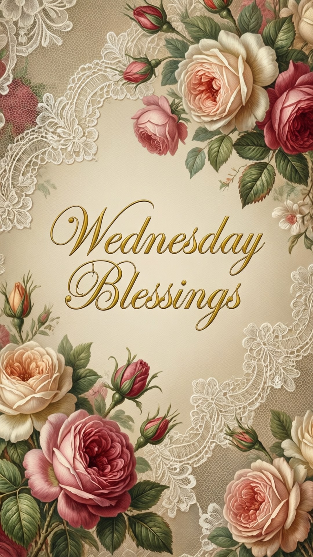 Vintage Wednesday Blessings 壁紙 — 優雅復古牆紙，以玫瑰和蕾絲框住金色草書文字 Wednesday Blessings。