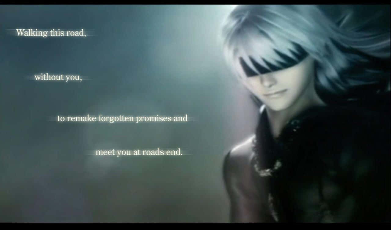 Kingdom Hearts Riku 桌布 壁紙 — 一個憂鬱的動漫角色，白髮和黑色眼罩，在霧濛濛的灰色背景上凝視前方，帶有詩意文字疊加。