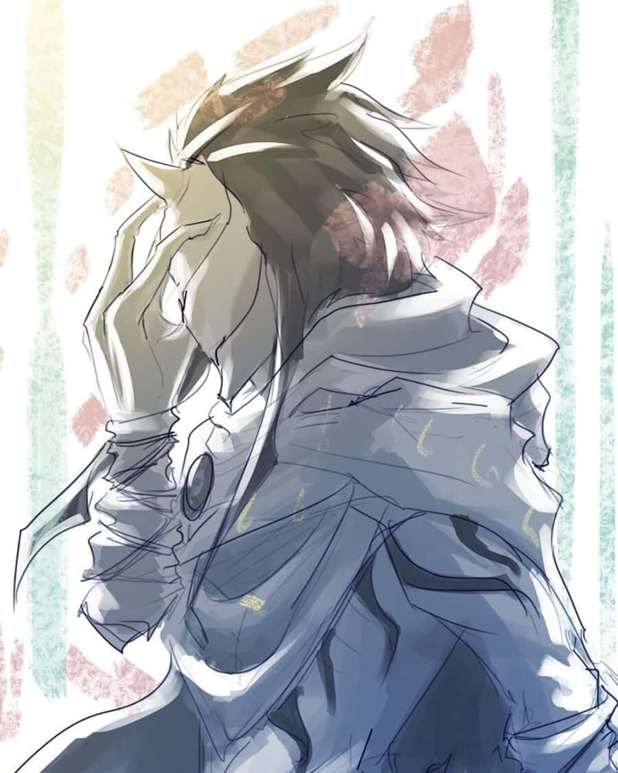 The Promised Neverland Sonju 桌布 壁紙 — 一個憂鬱的動漫角色，有著尖刺頭髮和連帽外套，站在柔和的粉彩調中，手靠近臉部，呈現沉思姿態。