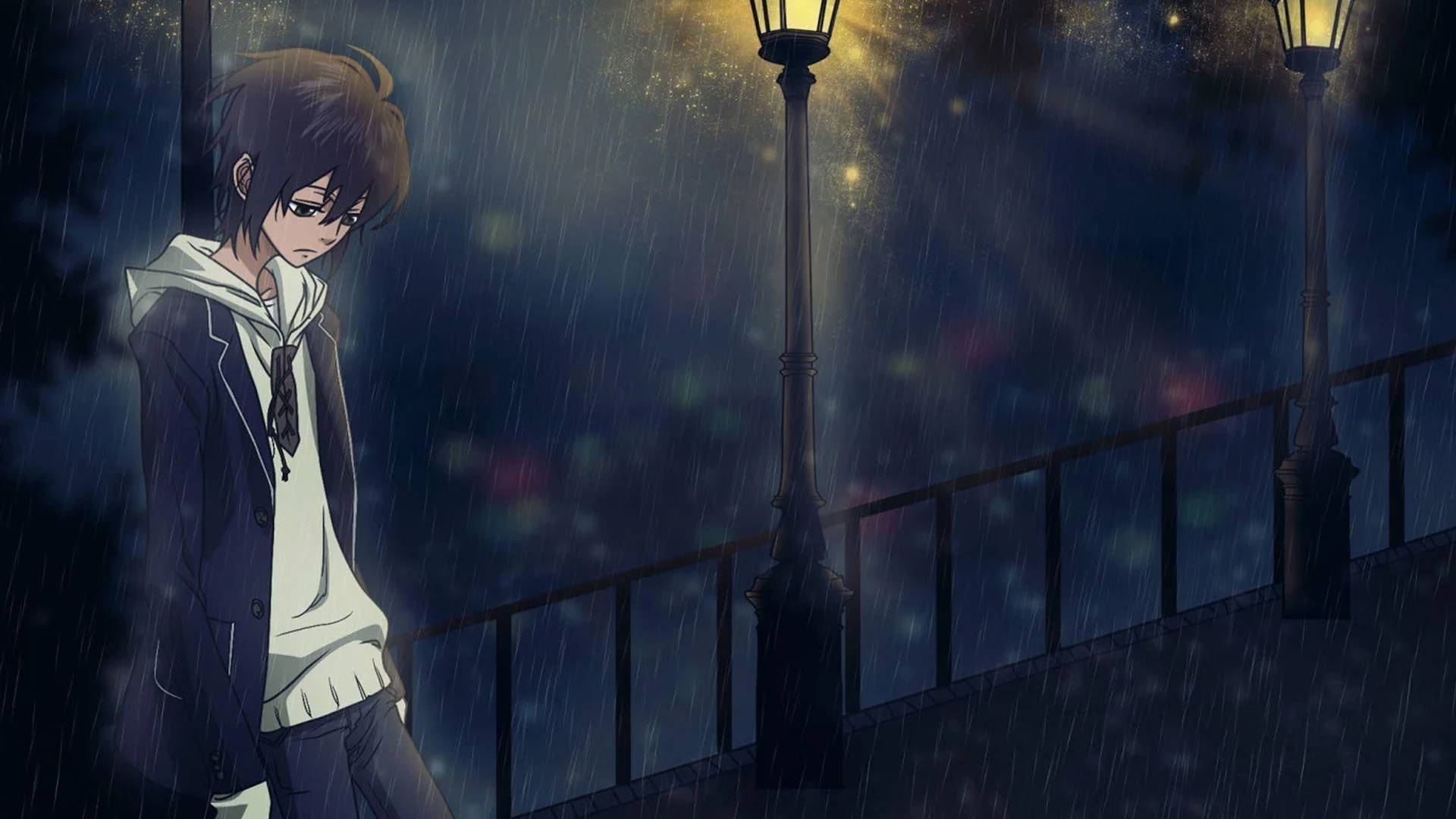 動漫男孩獨自站在雨夜橋上，路燈下