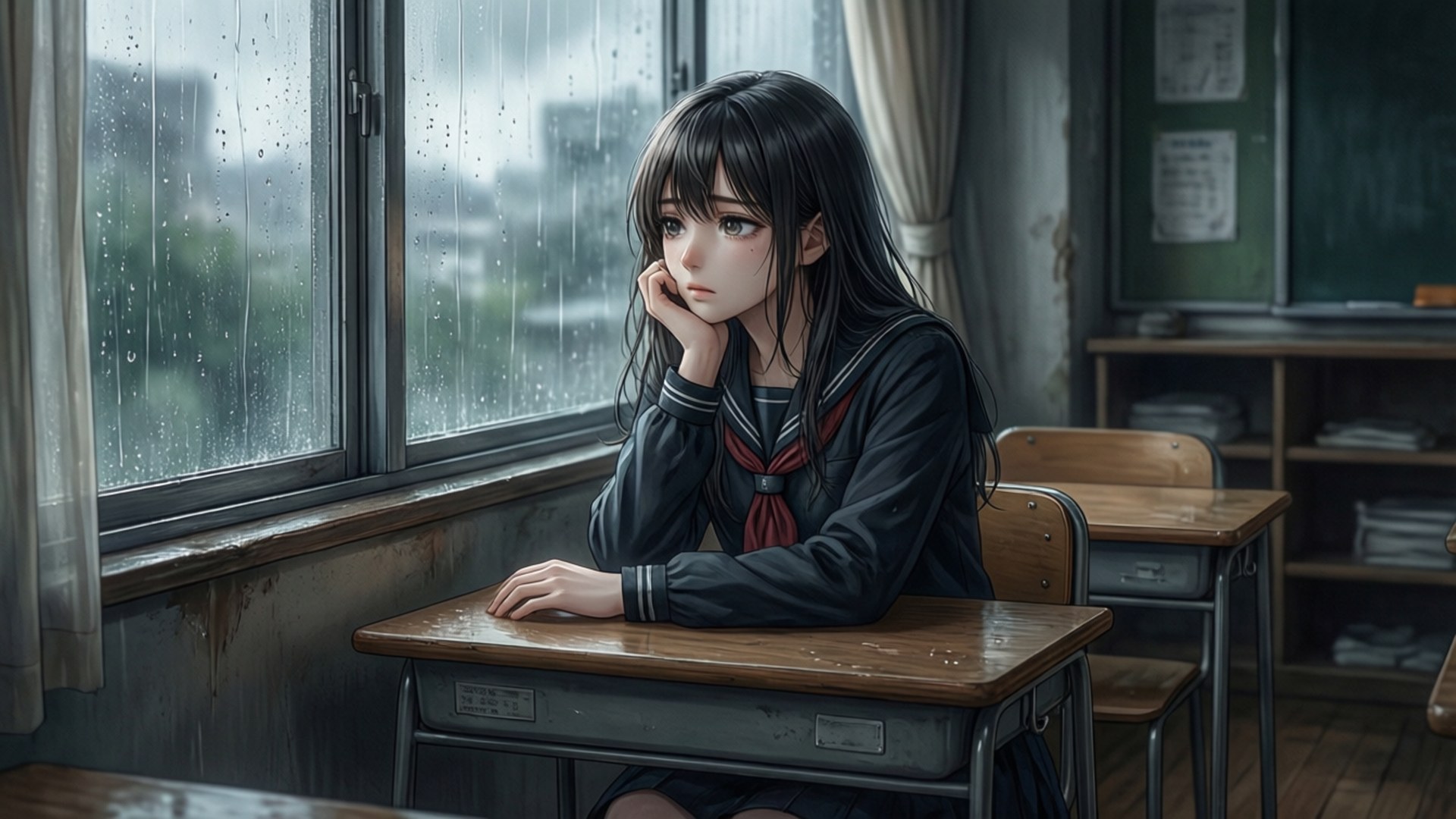 一個悲傷的動漫女孩穿著校服坐在書桌前，看著下雨的窗外。