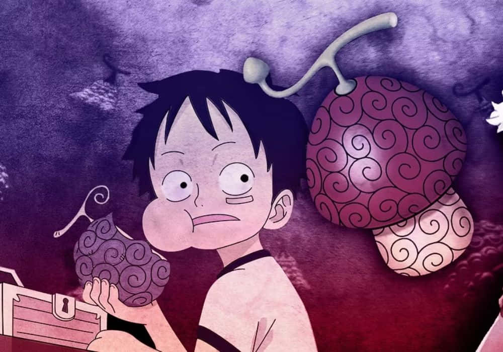 動畫男孩手持一個紫色漩渦狀水果，另一個漂浮在旁邊。