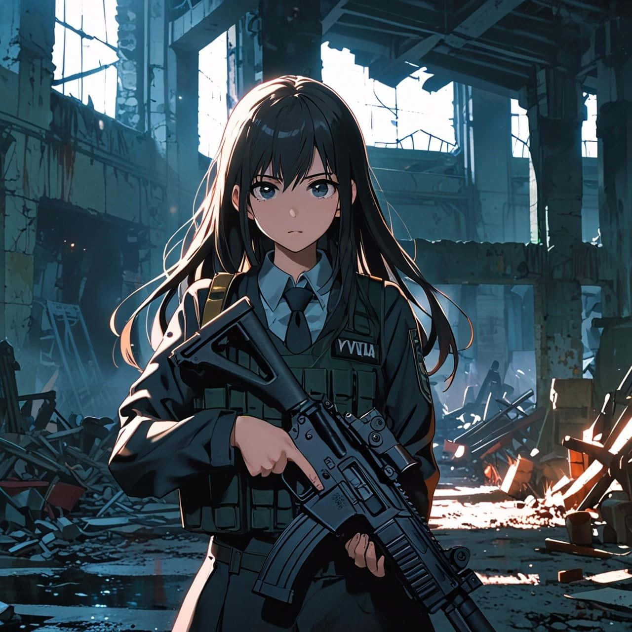  壁紙 — 一個年輕的動漫女孩穿著戰術裝備，在陽光照射的廢墟建築中，於瓦礫間手持步槍。