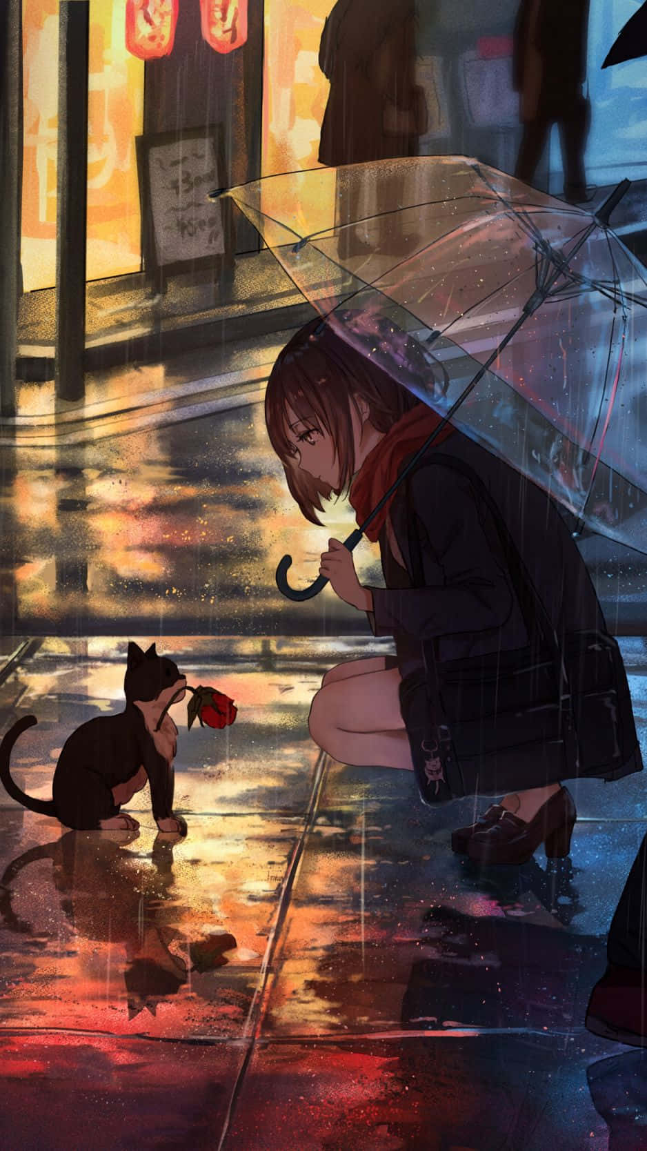  壁紙 — 一位年輕的動漫女孩在雨中跪著，撐著傘，一隻小貓在黃昏時分在濕漉漉的城市街道上向她獻上一朵紅玫瑰。