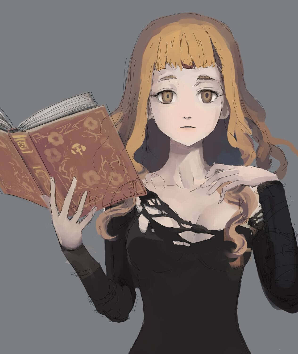  壁紙 — 一位年輕的金髮動漫女孩在純灰色背景前拿著一本華麗的書。