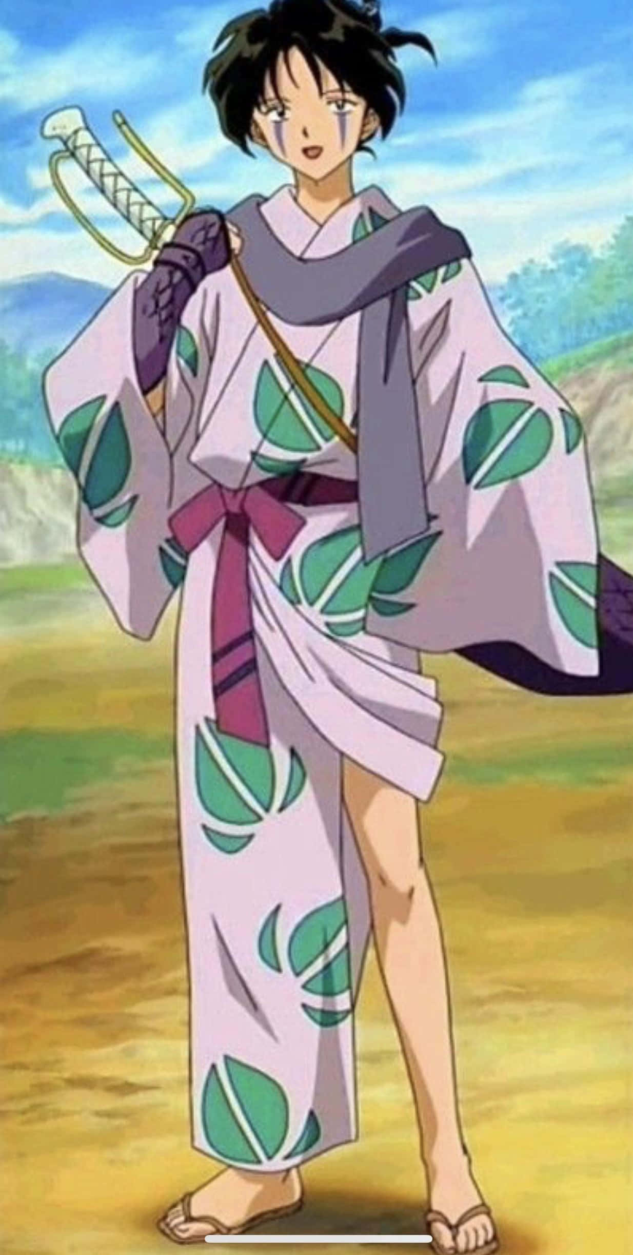 Jakotsu 桌布 壁紙 — 一位年輕的動漫戰士穿著葉子圖案的和服，赤腳站在戶外，手持劍，臉頰上掛著淚珠。