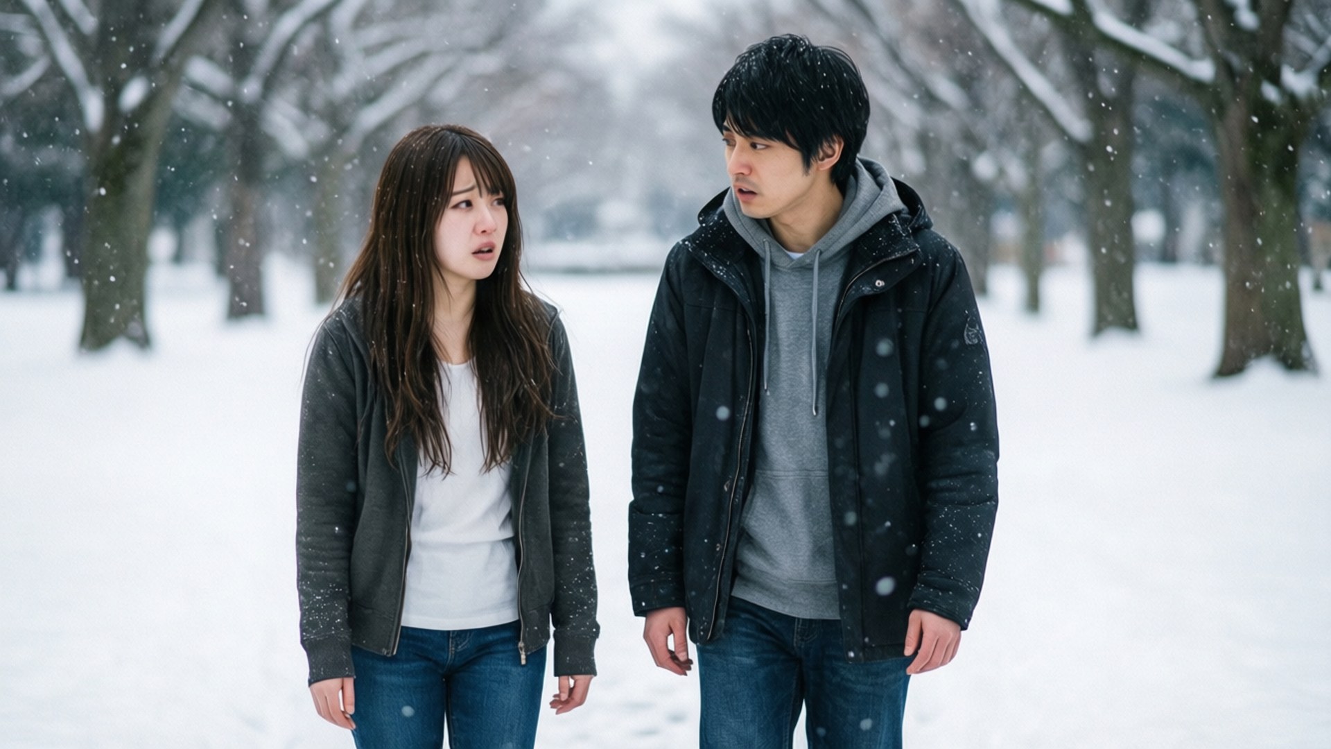 Siblings in the Snow 壁紙 — 一對年輕情侶站在白雪覆蓋的公園中，溫柔的雪花在他們周圍飄落，他們的表情暗示著安靜的交談。