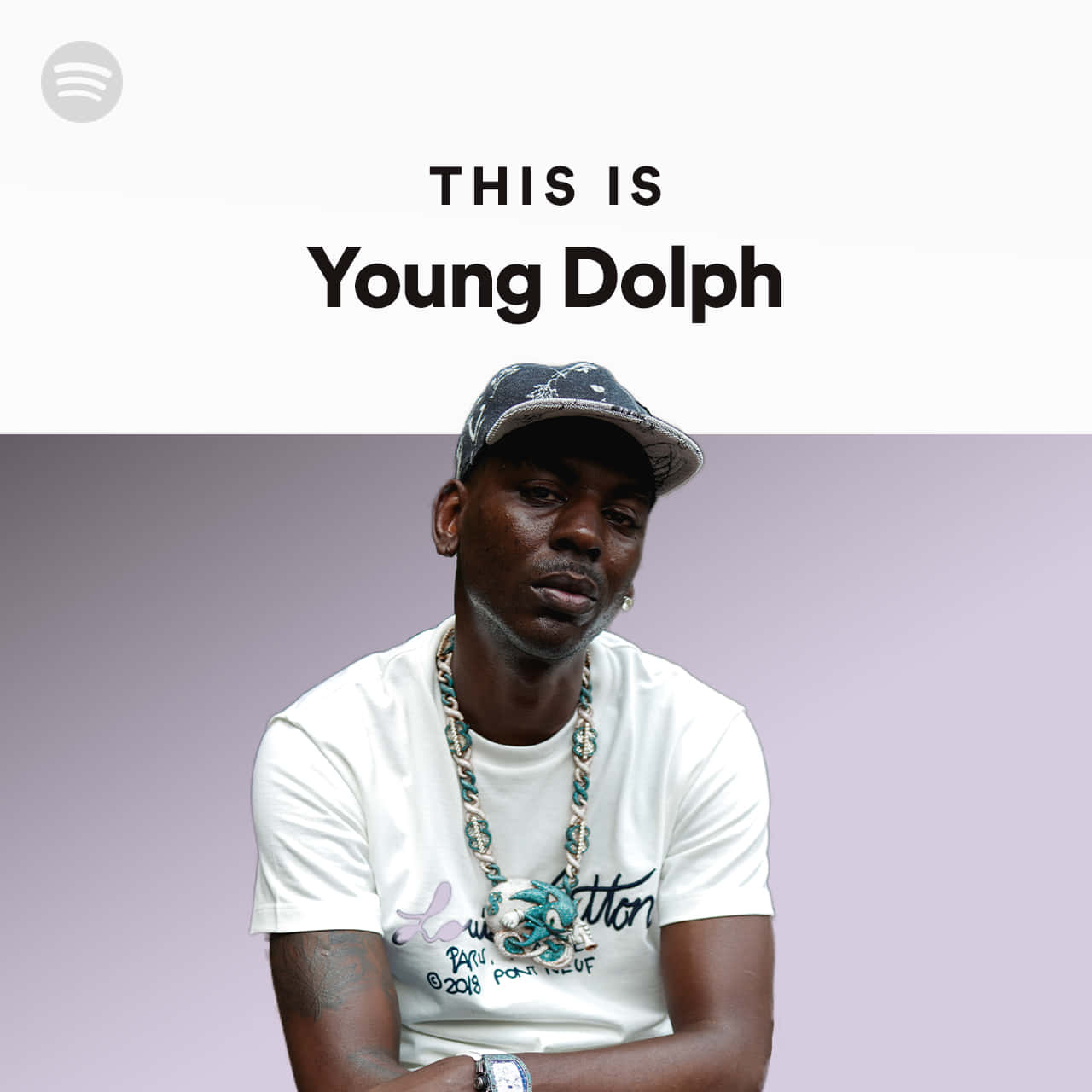說唱歌手Young Dolph在工作室中的肖像，背景為薰衣草色並帶有文字疊加。