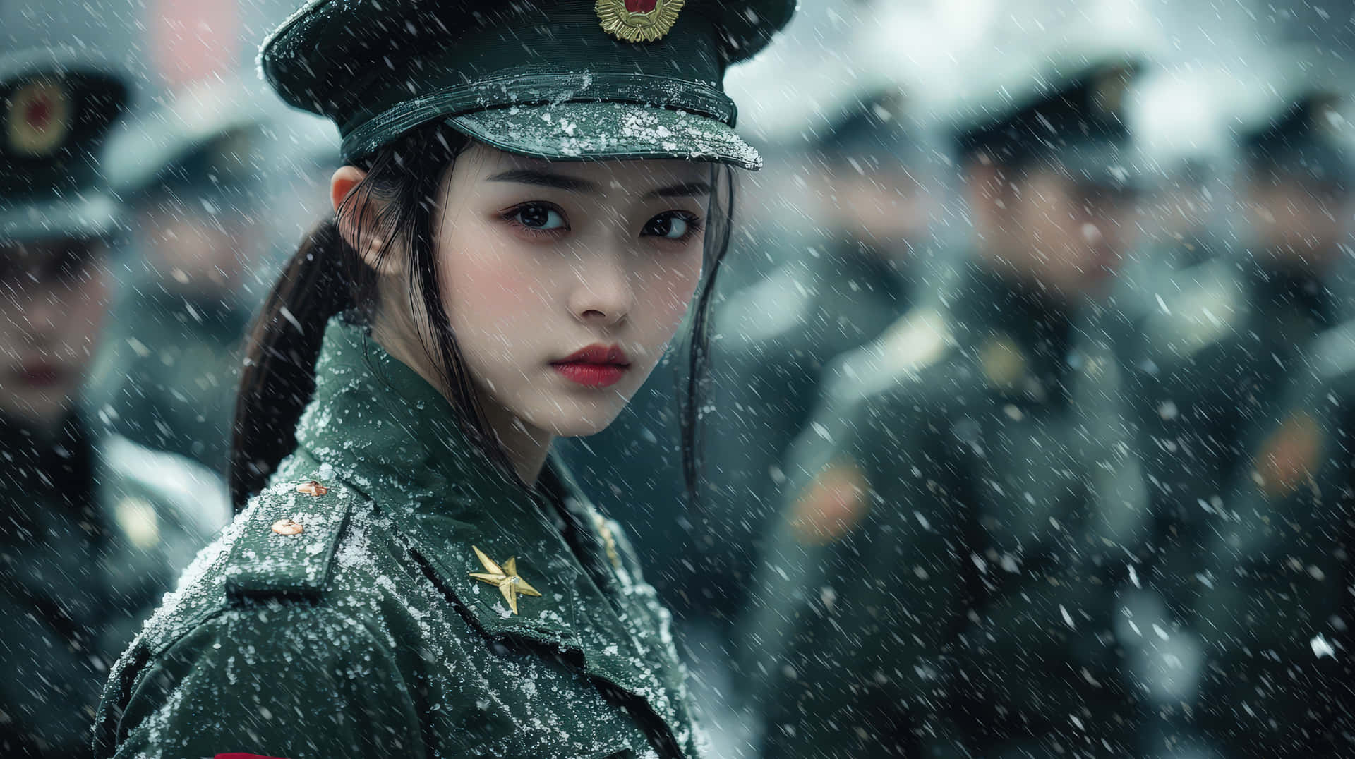 身穿綠色軍裝、佩戴星形徽章的年輕女子站在雪中，身後有模糊的士兵。