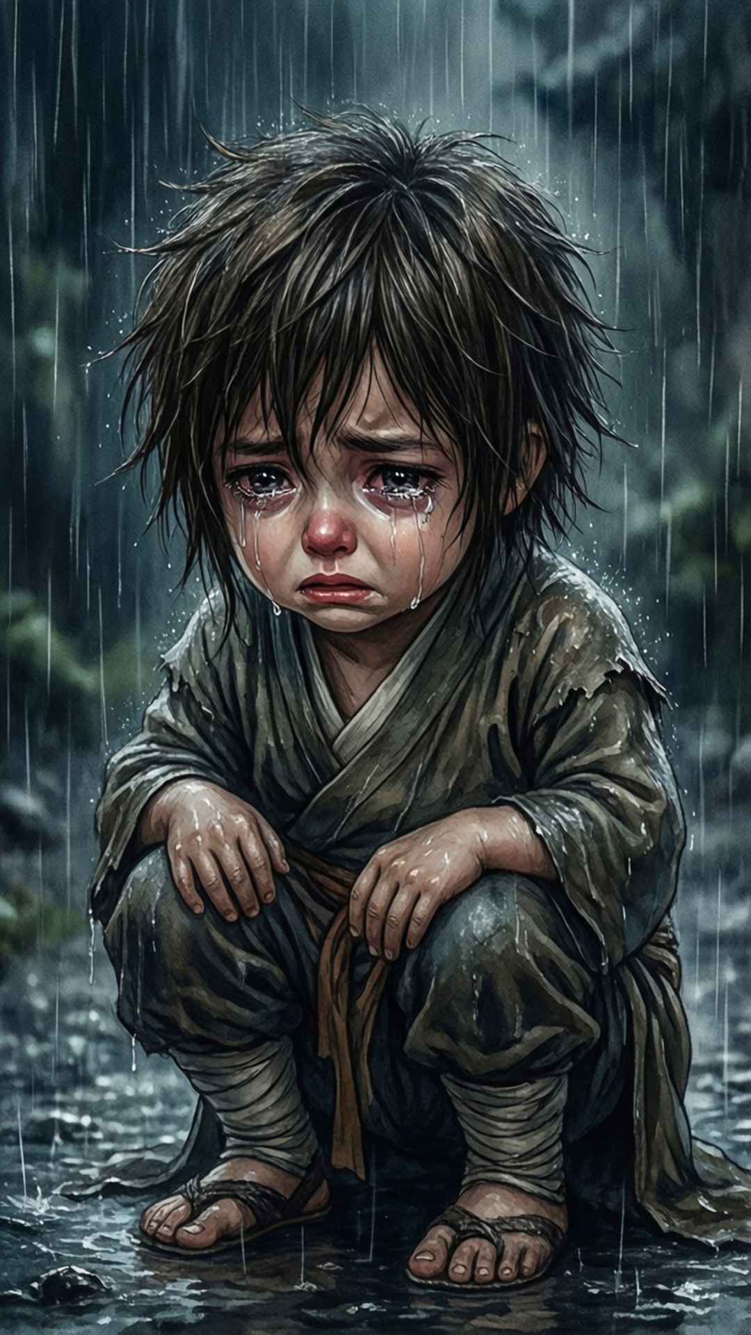 一個小孩在雨中哭泣，穿著破爛的衣服和涼鞋