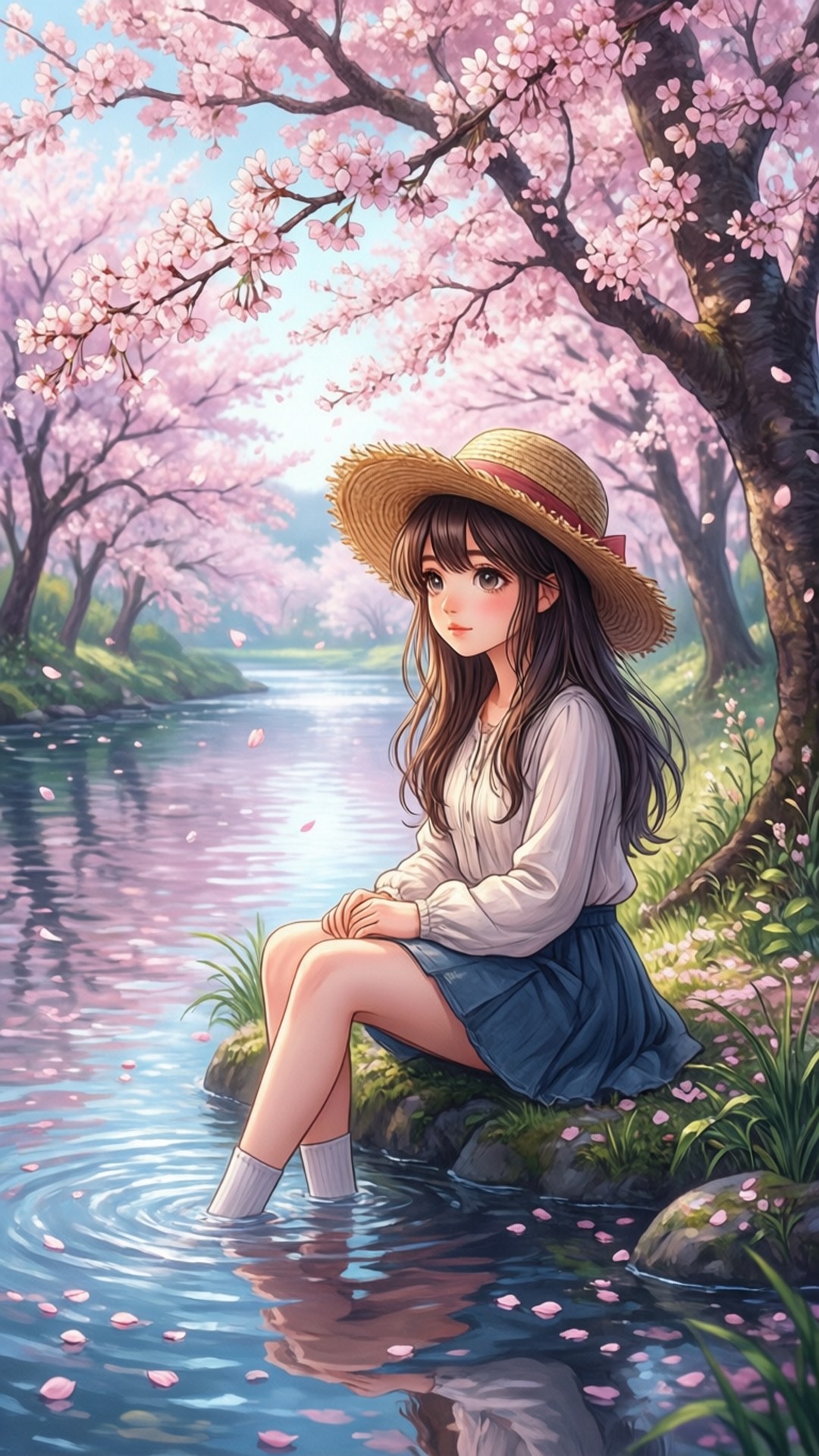戴草帽嘅女仔坐喺河邊櫻花樹下，花瓣喺水面漂浮。