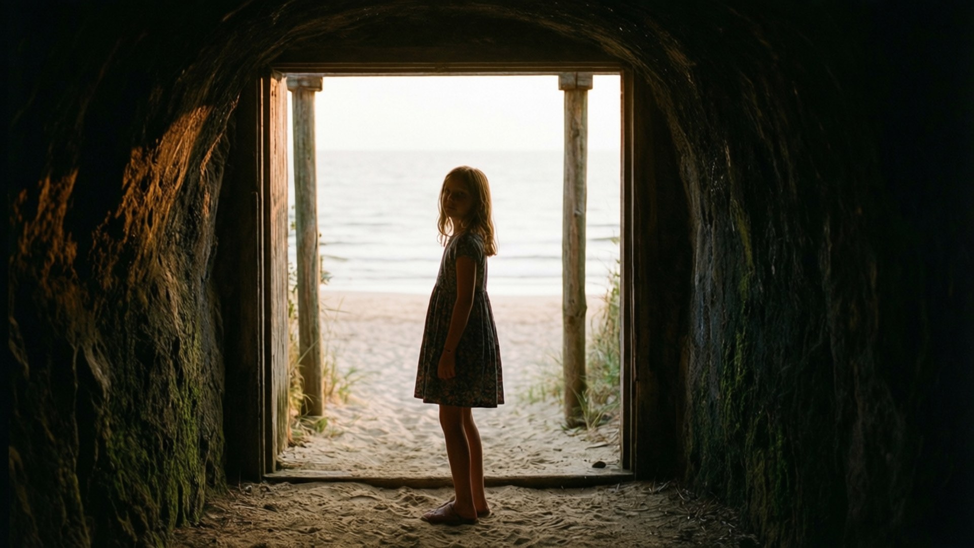 The Tunnel To Summer, The Exit Of Goodbyes 桌布 壁紙 — 一個年輕女孩站在長滿苔蘚的石隧道入口處，以剪影姿態凝視著柔和日光下平靜的海洋。