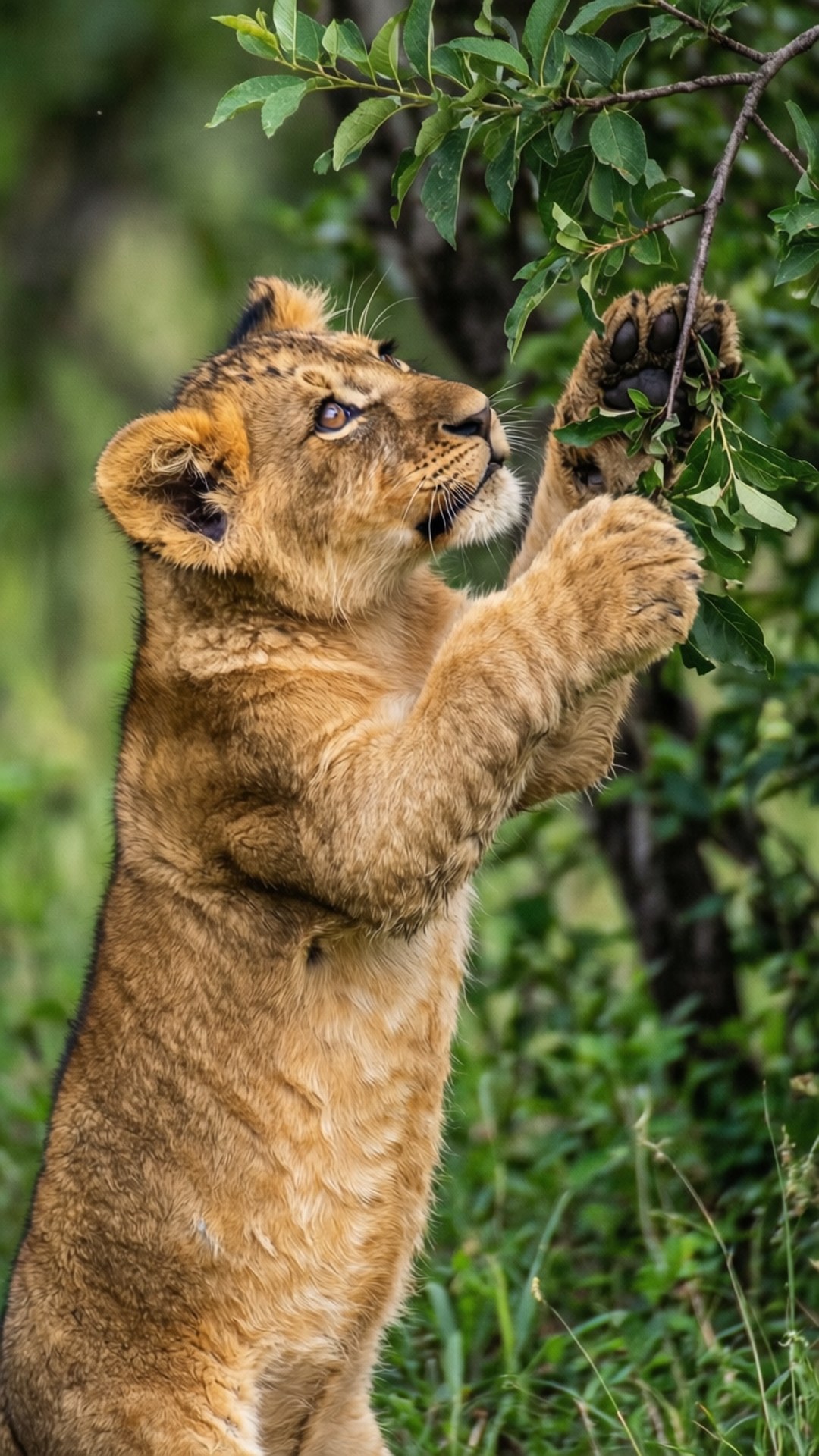 Lion Cub 桌布 壁紙 — 一隻年幼的獅子幼崽用後腿站立，伸手去抓取茂密綠色森林中樹枝上的葉子。