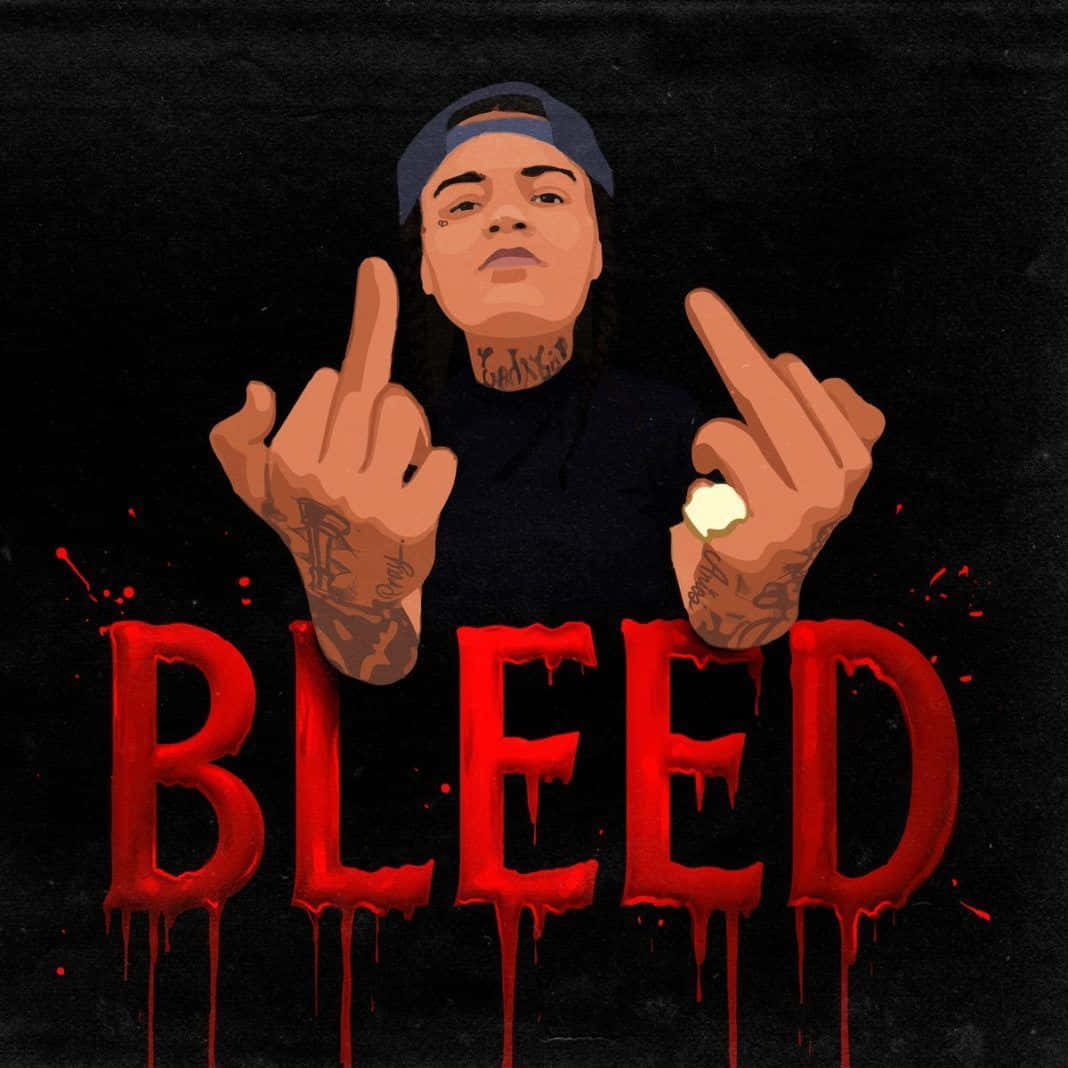 Young Ma 霸氣肖像 壁紙 — 一個風格化的插圖，描繪一個戴帽子的紋身人士在黑色背景上做出粗魯手勢，並有滴落的紅色「BLEED」文字。