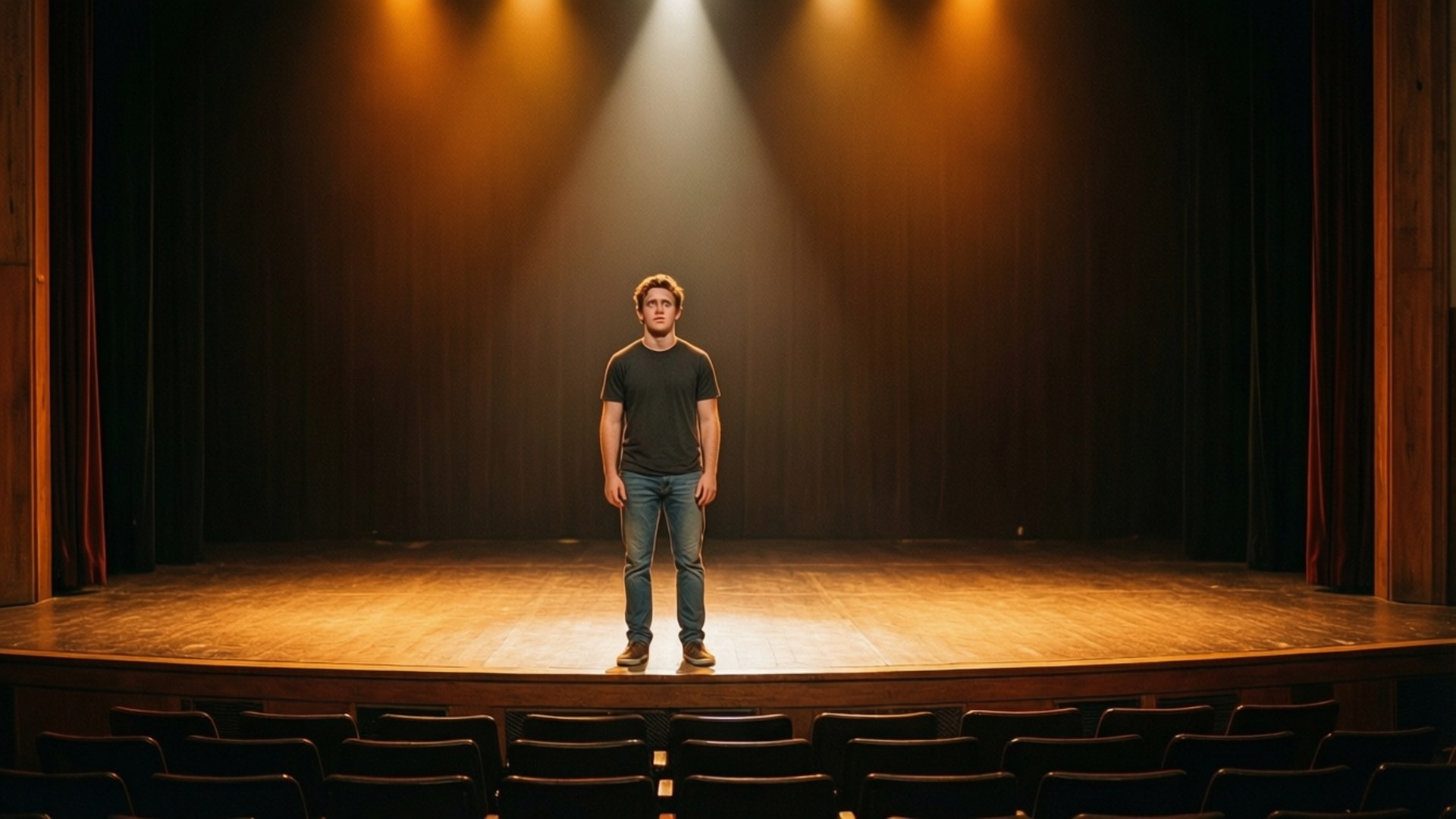 Dear Evan Hansen 桌布 壁紙 — 一名年輕男子獨自站在舞台中央，在溫暖的聚光燈下，前景是空蕩蕩的黑暗劇院座位。