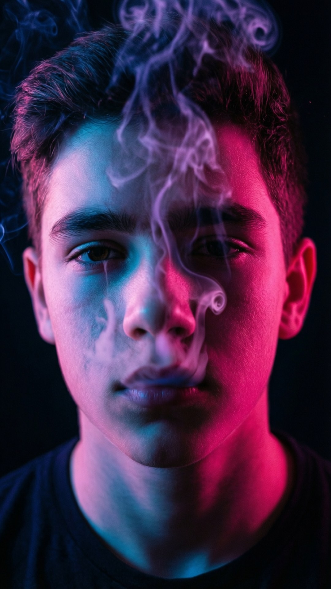 桌布 壁紙 — 一名年輕男子在黑色背景前，於戲劇性的粉紅和藍色霓虹燈光下呼出煙霧。