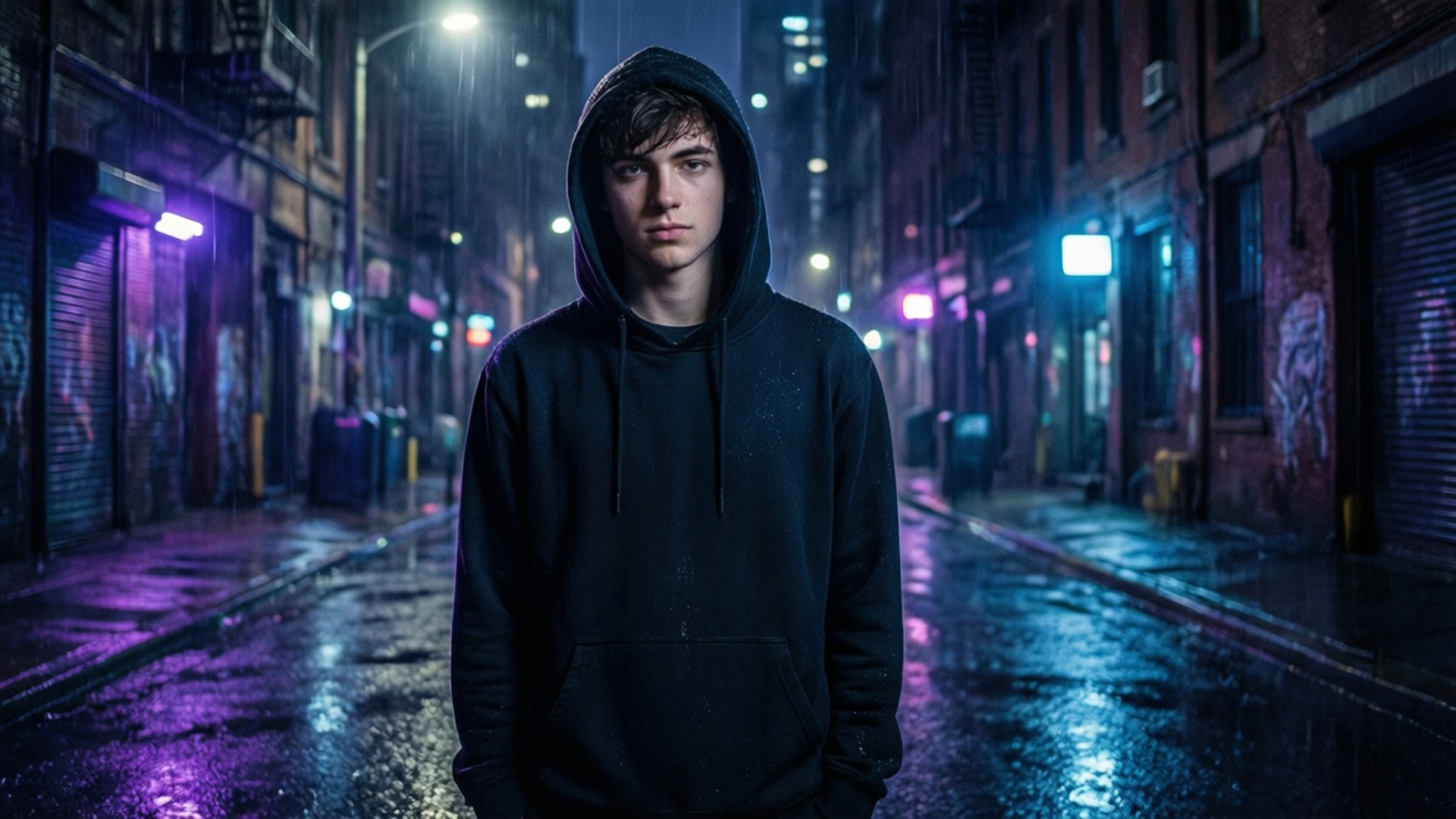 年輕男子穿連帽衫站在雨中霓虹燈城市小巷夜晚。