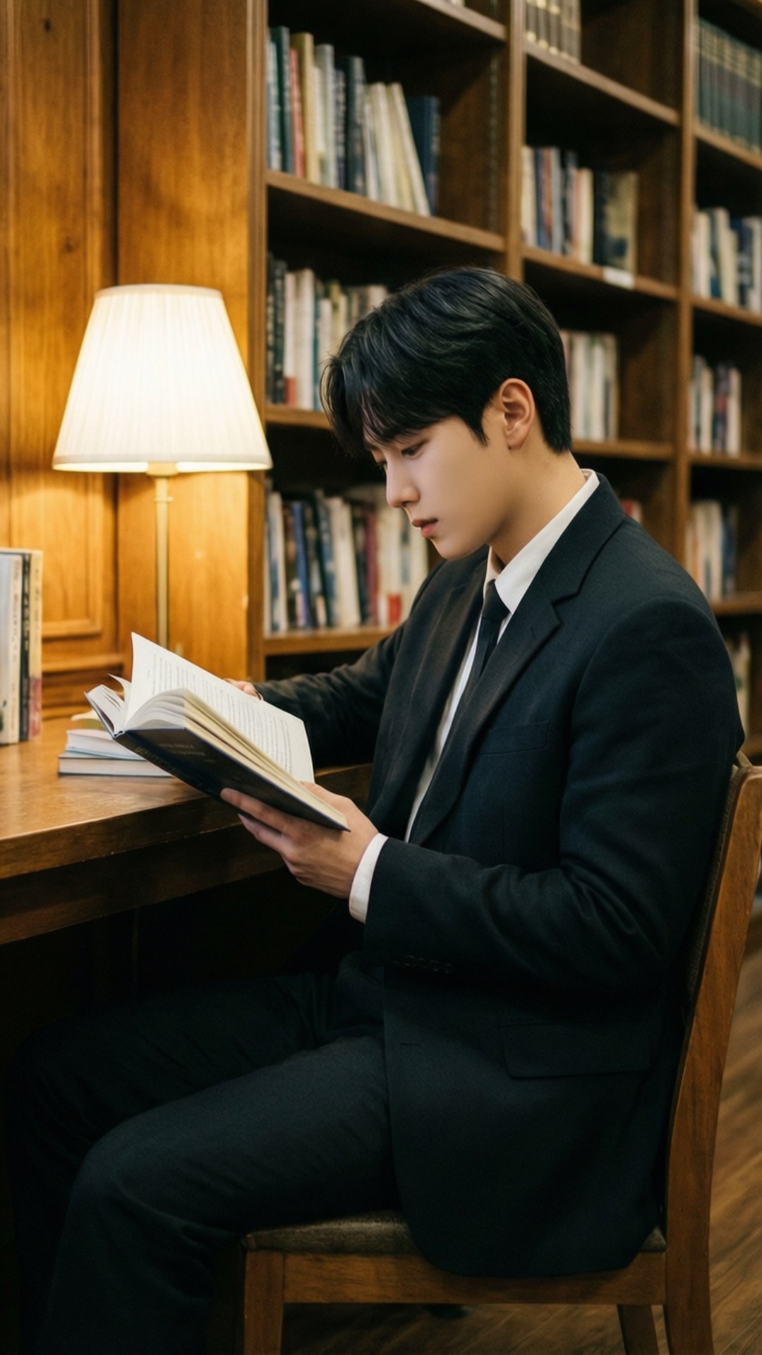 Seungmin Library 壁紙 — 一位身穿深色西裝的年輕男子在溫暖的燈光下，於一個有高書架的木材圖書館中閱讀一本書。