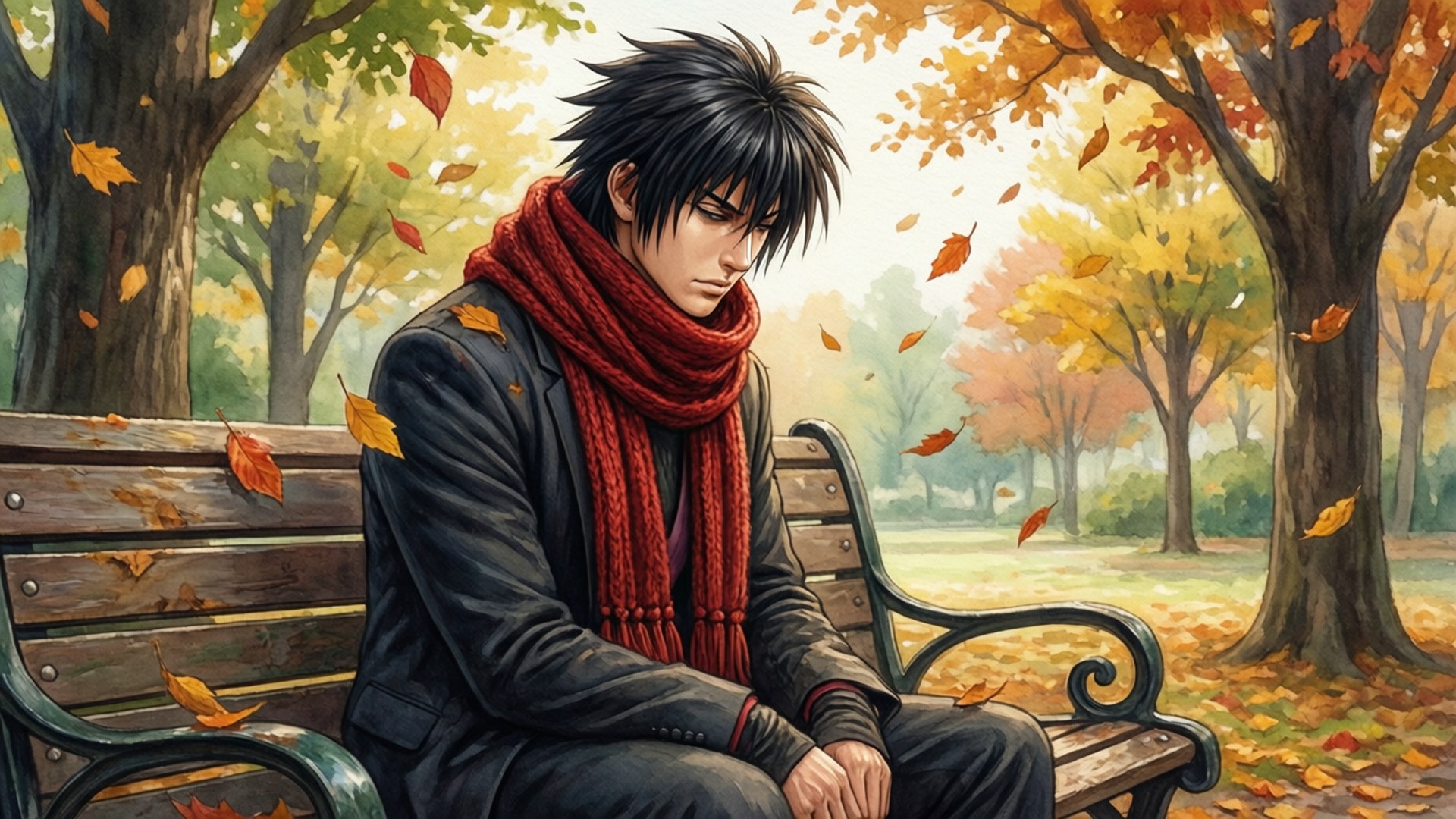 秋日沉思 壁紙 — 一個黑髮紅圍巾的年輕男子沉思地坐在公園長椅上，秋葉在他周圍旋轉。