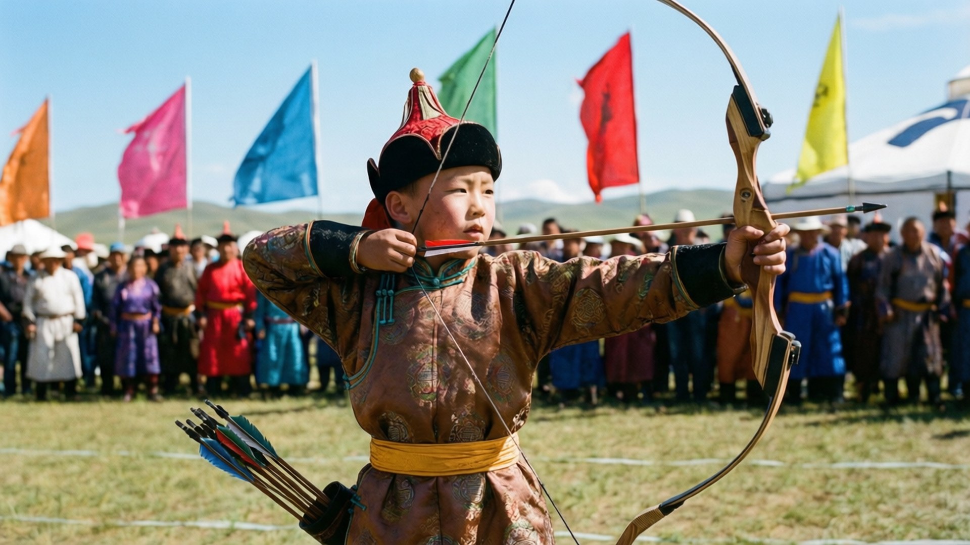 Naadam Archery 壁紙 — 一位身穿傳統服飾的年輕蒙古弓箭手，在晴朗藍天下的文化節日中，專注地拉弓。