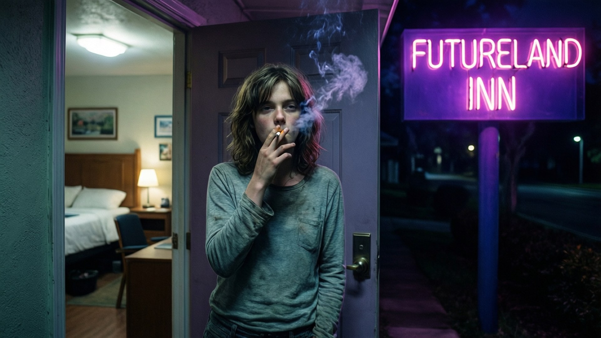 The Florida Project 桌布 壁紙 — 夜晚，一個年輕人在汽車旅館房間門口抽煙，上方是發光的紫色「Futureland Inn」招牌。
