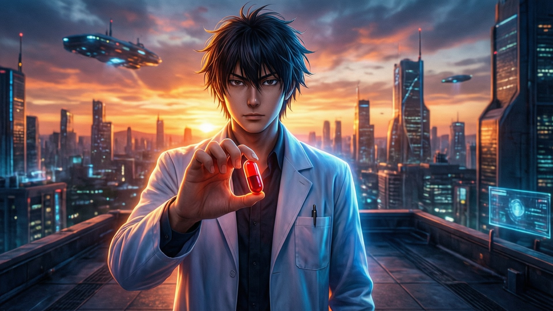 ReLIFE 桌布 壁紙 — 一位身穿白色實驗袍的年輕科學家，在夕陽下以未來城市天際線和飛行車輛為背景，手持一顆發光的紅色藥丸。