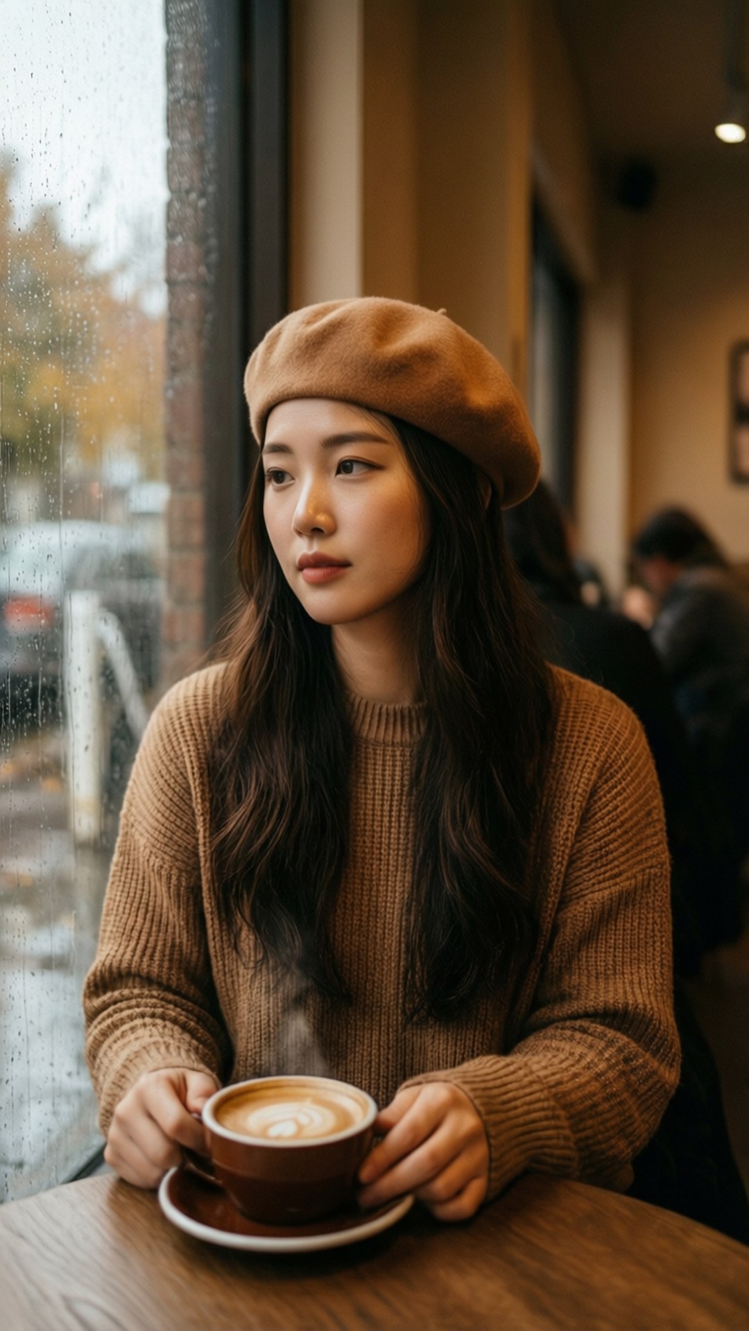 戴貝雷帽的女子在雨天的咖啡館窗前拿著咖啡