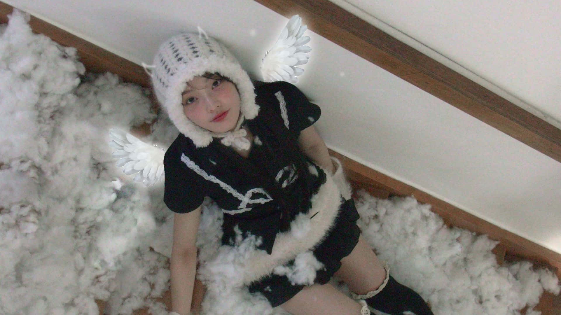  壁紙 — 一位年輕女性穿著黑白天使服裝，坐在木造閣樓空間的蓬鬆白色棉花中。