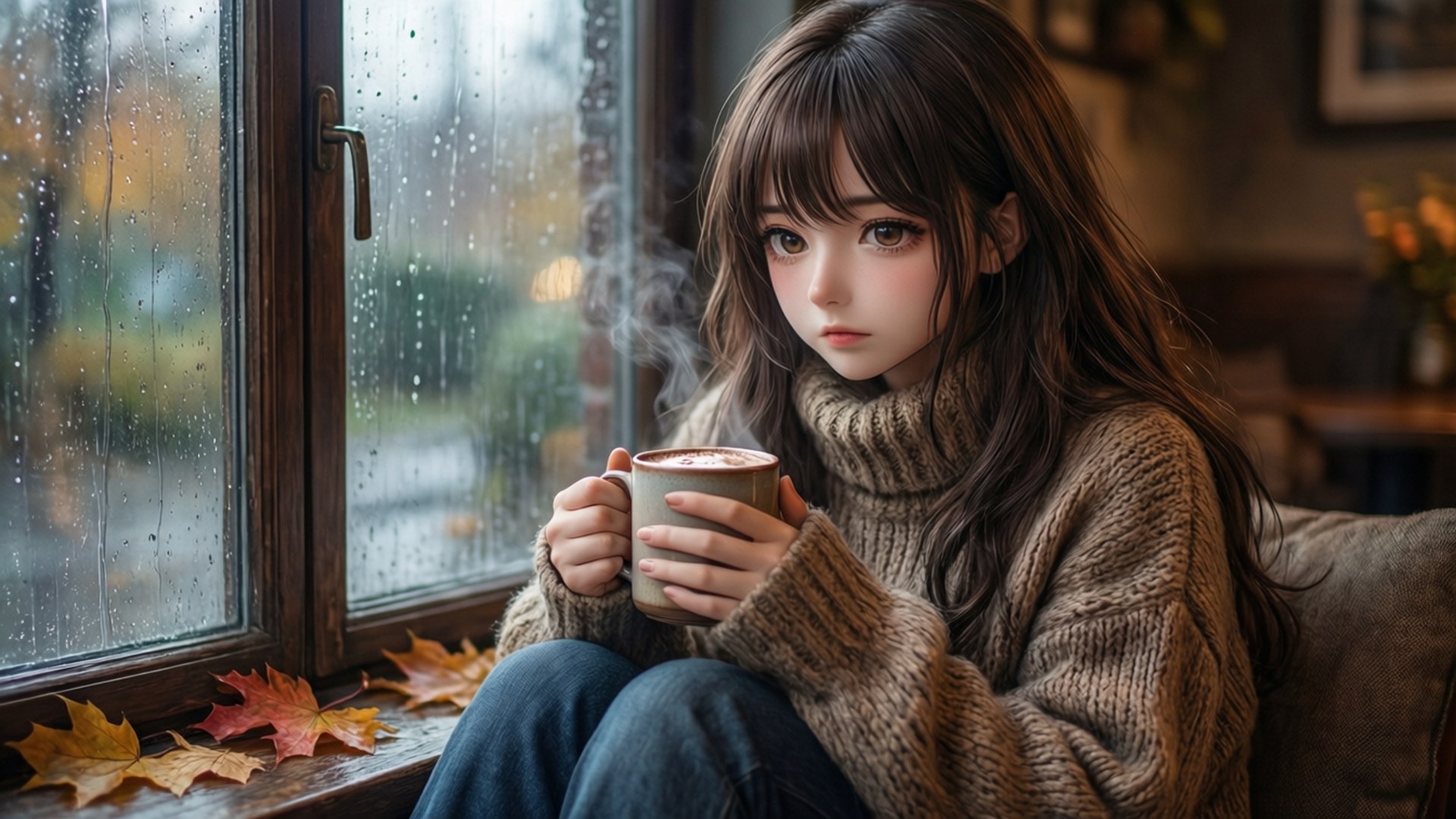 桌布 壁紙 — 一位年輕女性穿著舒適的針織毛衣，在雨水打濕的窗邊拿著冒熱氣的杯子，下方散落著秋葉。