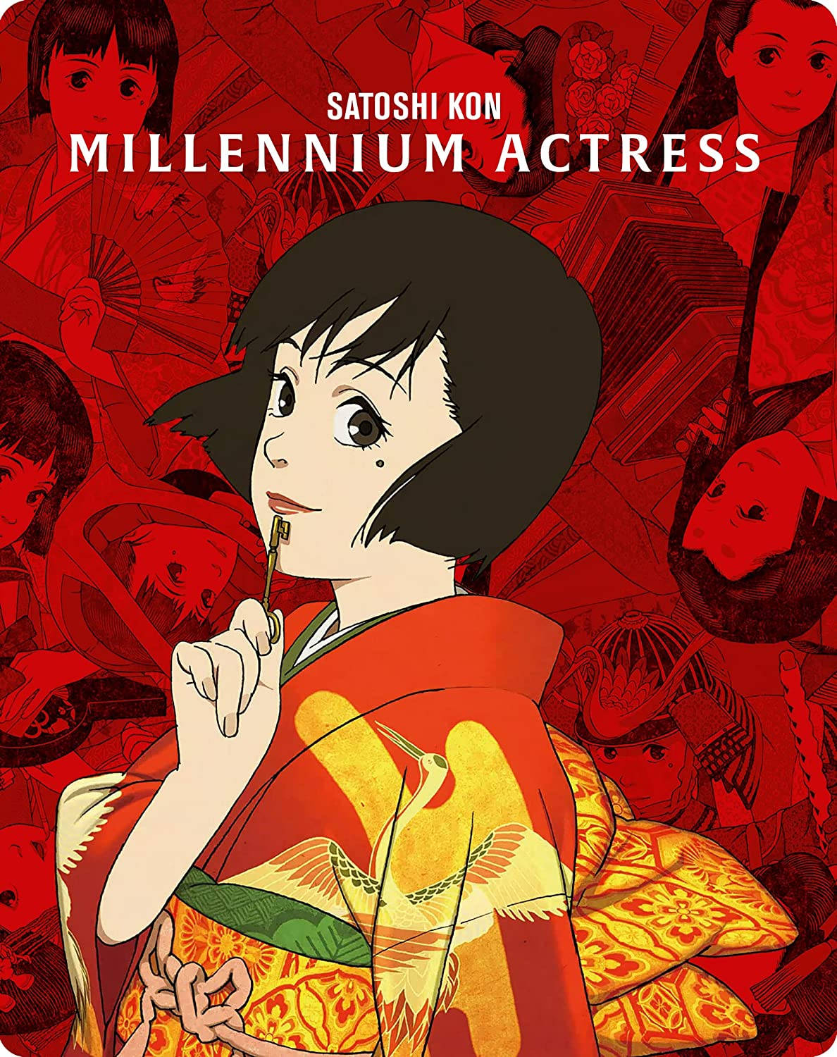 細野晴臣《千年女優》 壁紙 — 一位穿著紅金色和服的年輕女子，在充滿動漫風格面孔和日本圖案的鮮紅色背景前拿著香煙。