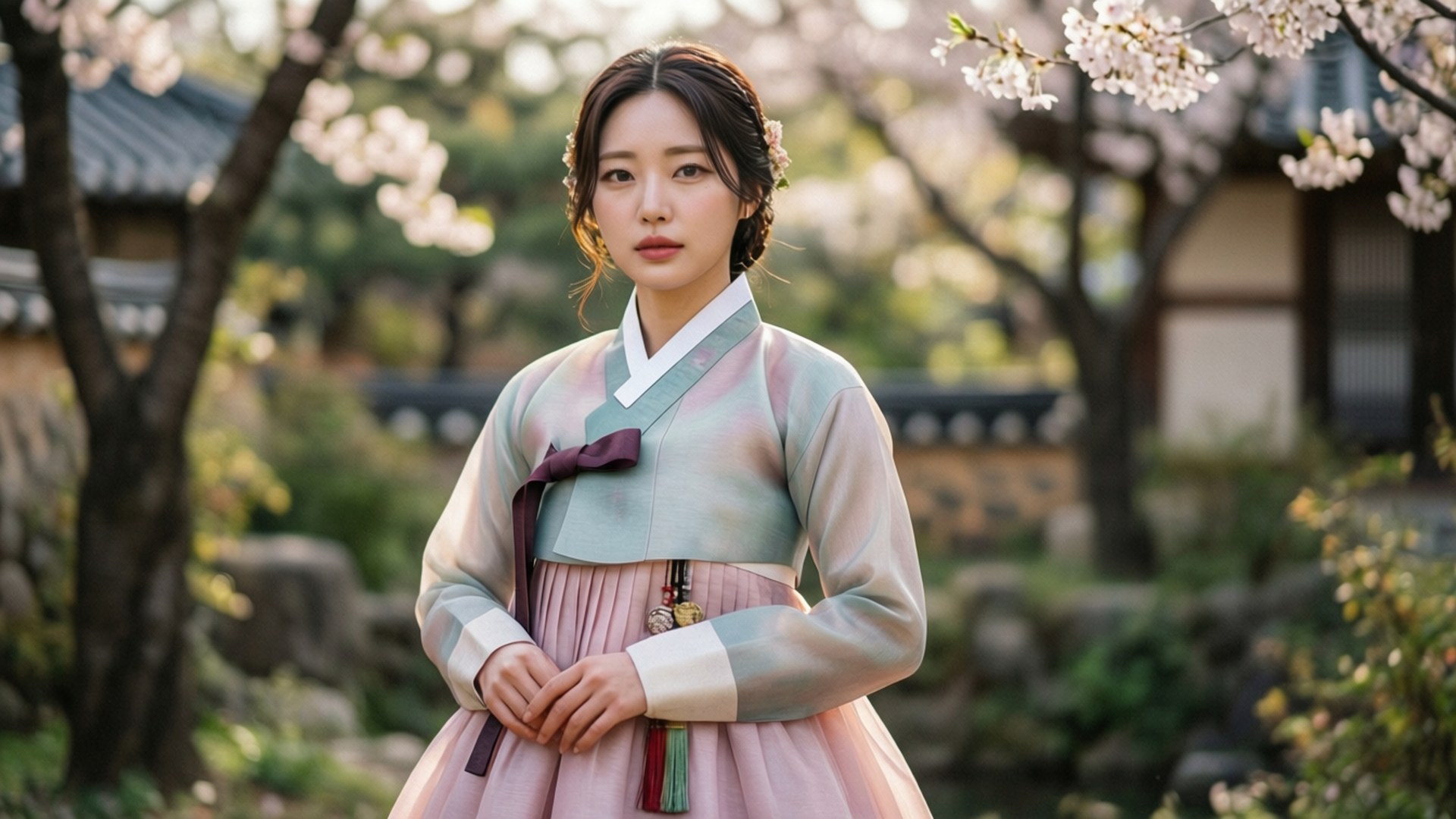 穿著傳統韓國韓服的女子在花園櫻花下。