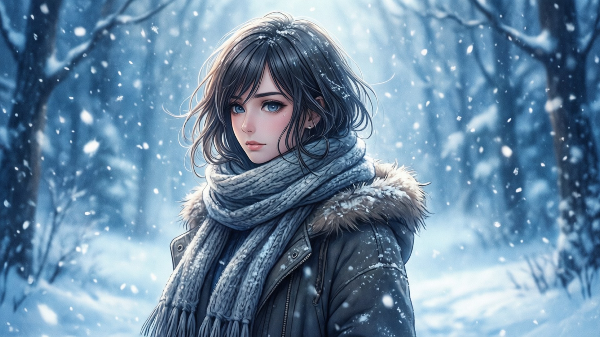 年輕女子穿著冬季外套和圍巾，站在飄雪的雪地森林中。