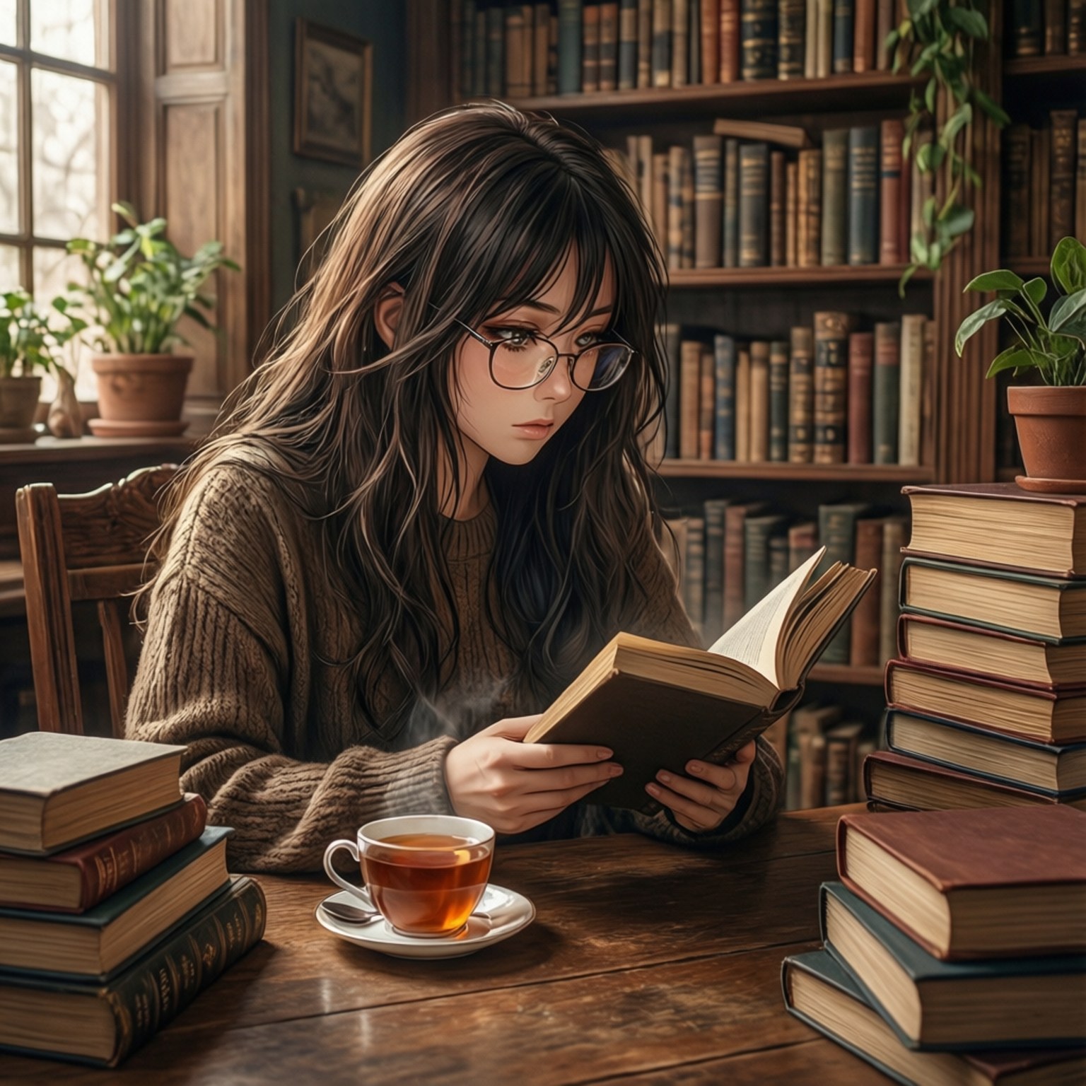 莫妮卡圖書館閱讀 壁紙 — 一位戴眼鏡的年輕女性在一個充滿木書架和冒煙茶的舒適圖書館裡看書。