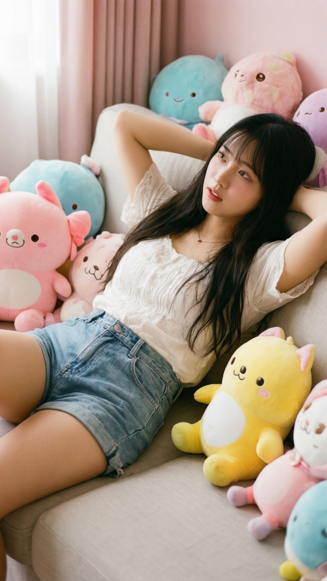 年輕女性在沙發上放鬆，周圍有毛絨動物。