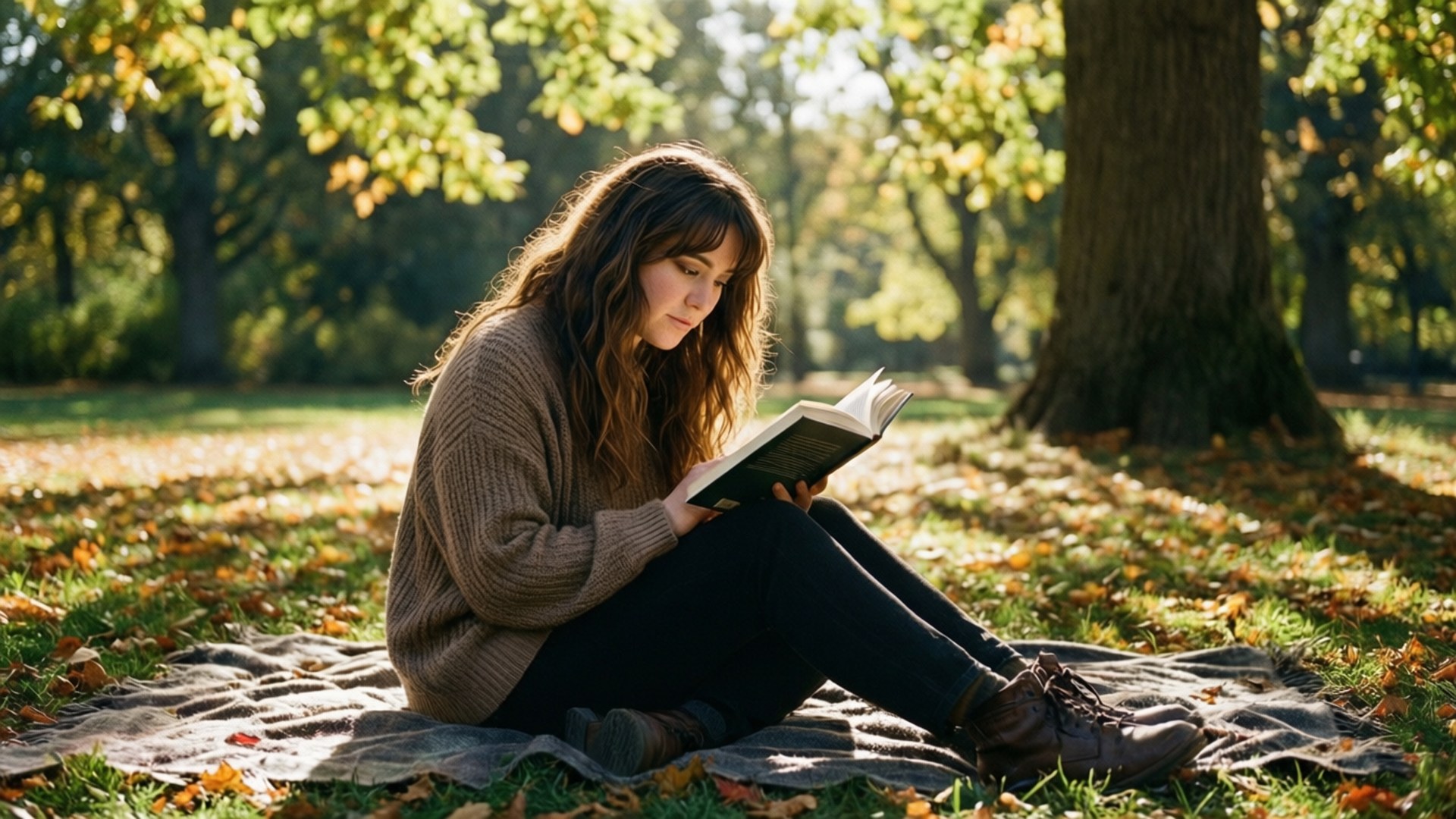 年輕女性在秋日公園的樹下看書，落葉。