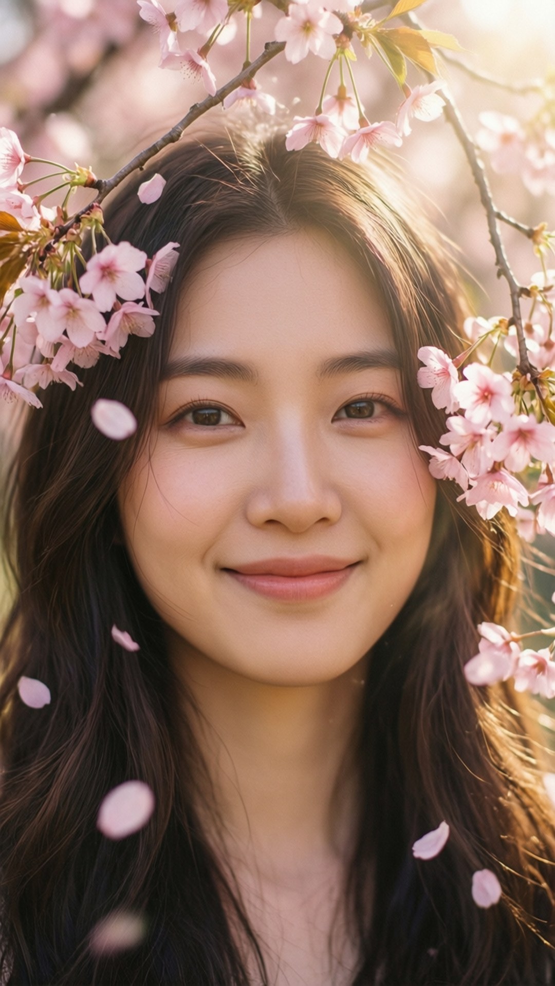 Brighter Days Ahead 桌布 壁紙 — 一位年輕女性在柔軟粉紅櫻花樹冠下溫柔微笑，陽光透過樹葉灑落。