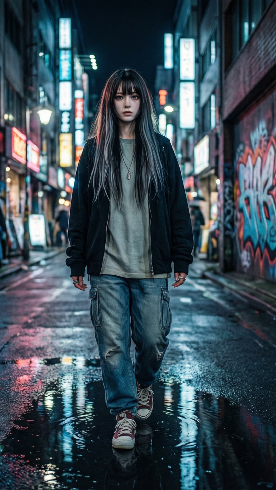 一位年輕女子在夜晚走過一條霓虹燈照亮的雨巷，牆上有塗鴉。