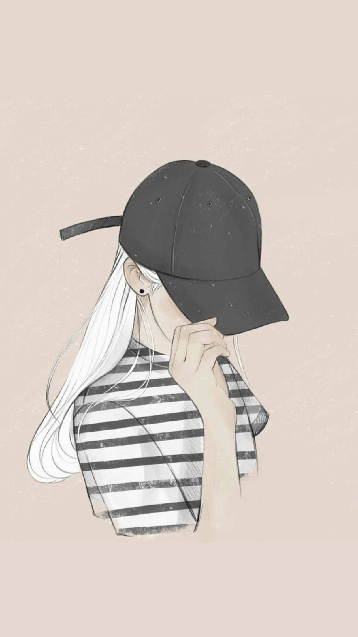 戴帽少女插畫 壁紙 — 一位年輕女性留著長長的白髮，戴著黑色帽子低低地遮住眼睛，手持一件條紋襯衫，背景是柔和的米色。